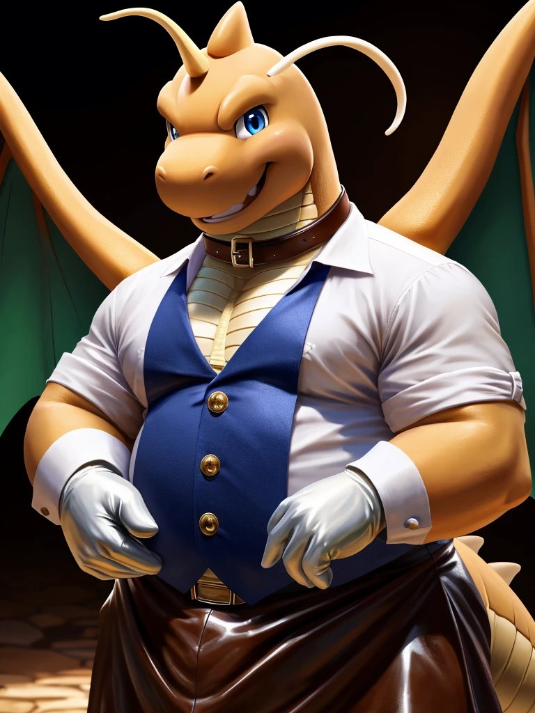 Yellow and white dragon, muscular, with yellow and white wings, herrero, with leather gloves, with leather apron