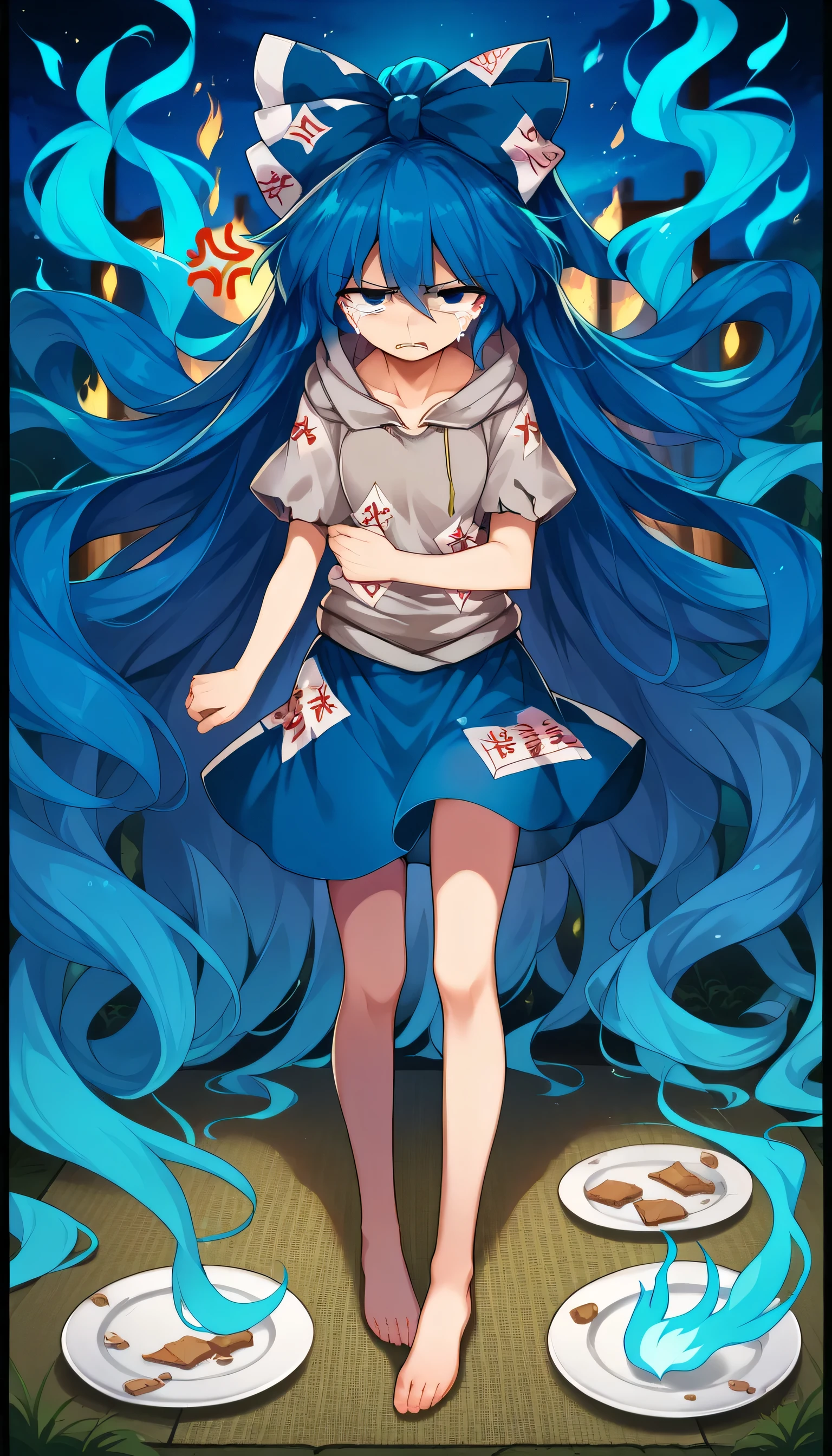 1 girl,Alone , yorigami Shion ,  Very long hair,  hair between the eyes , blue bow, grey sweatshirt, blue skirt,  bare legs , anger,  Blue hair with a blue flame in her hair,  a broken plate in her hands  ,  tears in her eyes , Touhou Lost Word style 