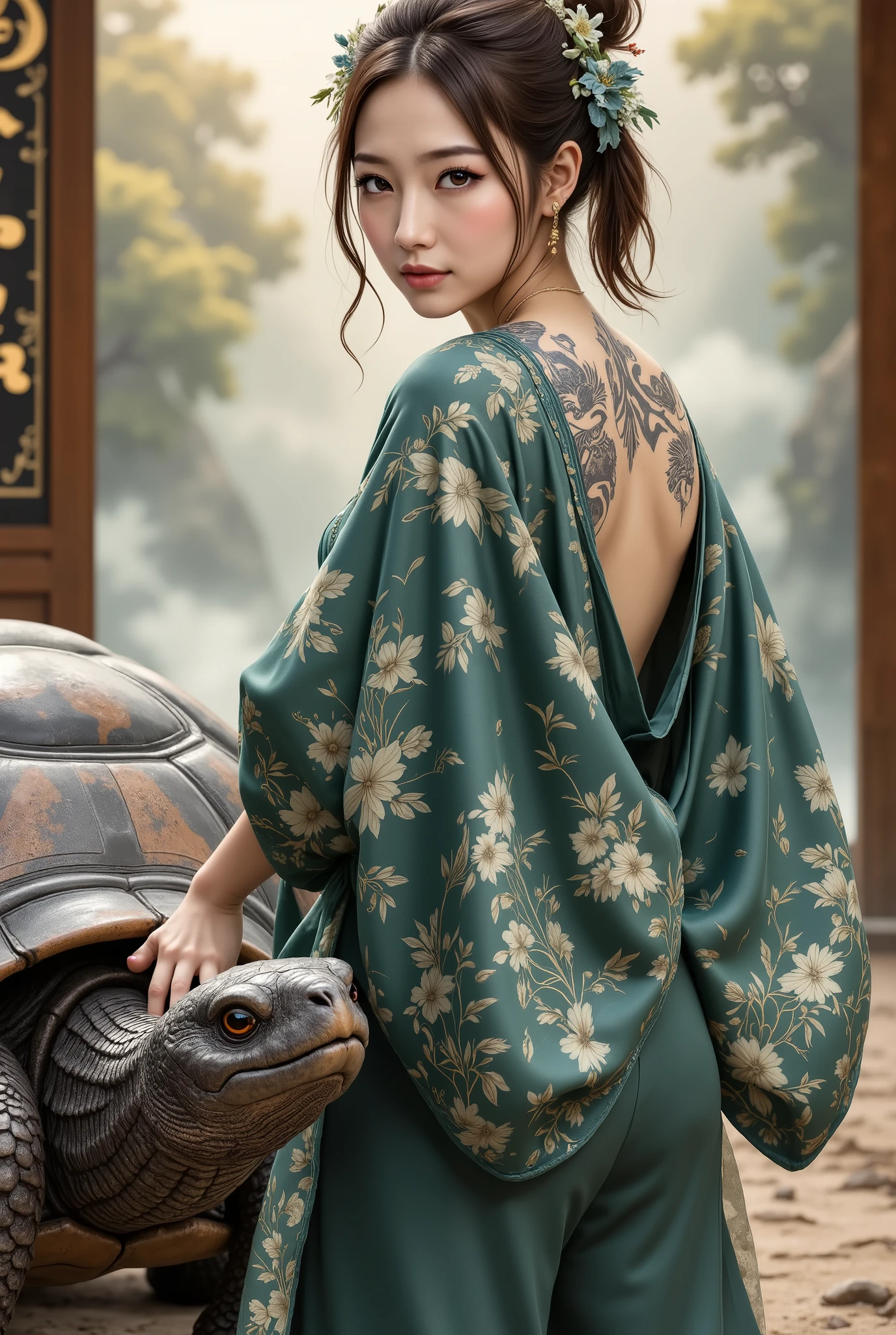 A breathtaking scene featuring a stunning Japanese woman whose entire body is covered in intricate tattoos depicting the mythical Black Tortoise (Genbu). The tattoos on her skin are distinct and separate from her clothing, showcasing detailed armor-like shell patterns, scales, and mystical motifs of Genbu. She stands gracefully, accompanied by a majestic mythical Black Tortoise that appears powerful and noble, positioned protectively beside her or interacting harmoniously with her. Her outfit and the background subtly evoke Genbu's essence using deep greens, dark blues, and earthy tones, while ensuring that her inked skin remains the main focus. The background incorporates ethereal mist and traditional Japanese motifs without including any text, enhancing the mystical atmosphere. The composition blends traditional ink art with modern digital techniques to create a highly detailed, high-definition image where the tattoos are clearly distinct from her attire, capturing both beauty and myth.