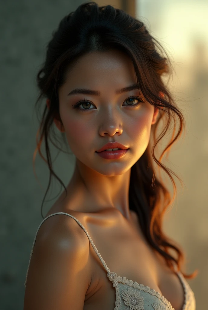 create a teen girl,left side view,girl looking at camera,bra,big boobs