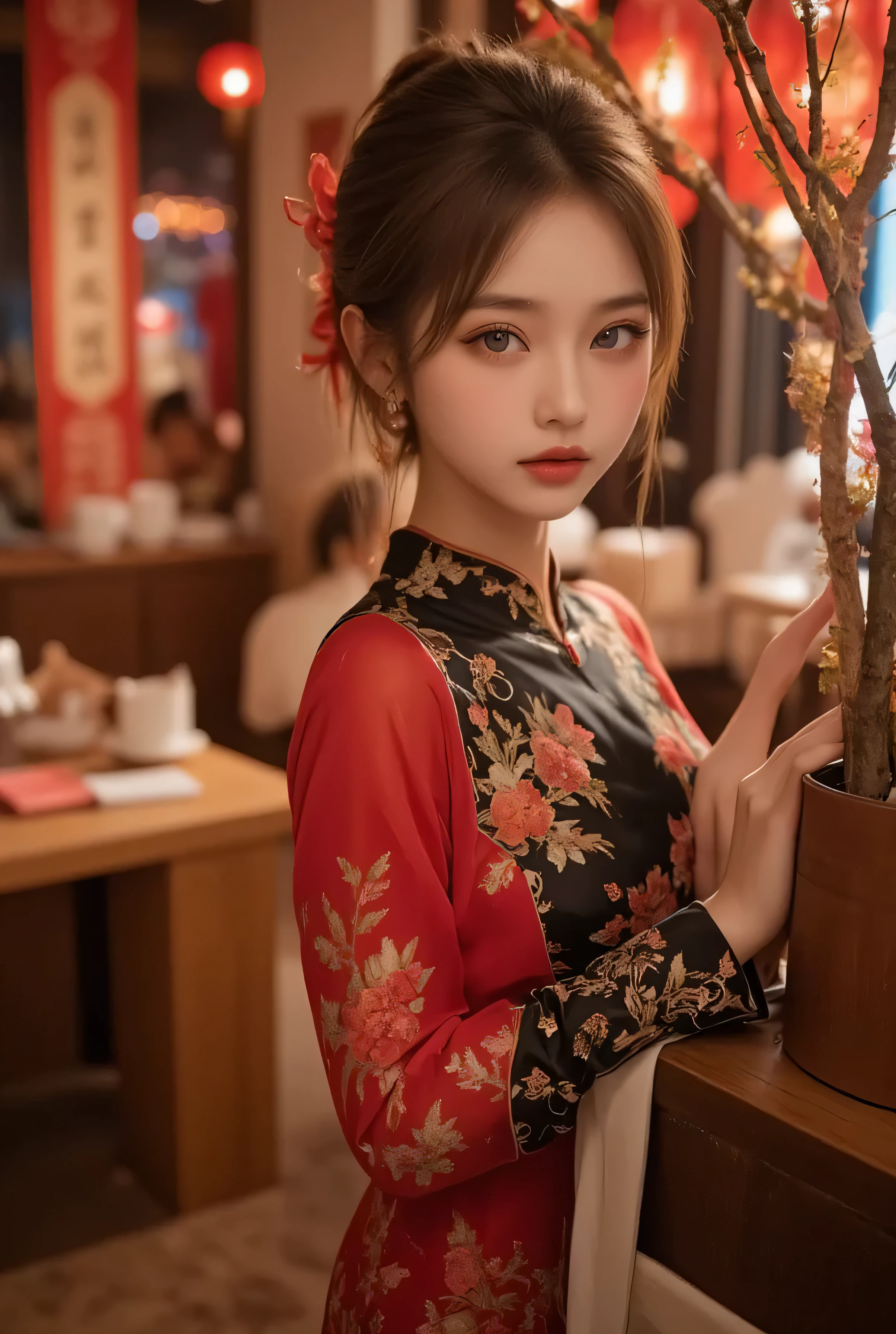 Cat ears、 face up、attractive,   pretty girl, ponytail、  ((   fine facial features  , eroticism)),   dramatic lighting    ,  realistic , 8k,     Dramatic Shadows  ,    intricate and elaborate patterns     ,      super detailed photo      ,     chiaroscuro lighting   ,     Pleasant colors   ,     deep contrast   ,    super real 、few pretty chinese girl hair accessories,   pink lipstick、 warm room、Vintage Fireplace 、 cinematic composition、Close-up of face,  A beautiful Korean idol wearing a red-black-gold some part black-transparance sexy short  cheongsam with golden or silver intricate floral embroidery, standing gracefully in a room filled with traditional Chinese New Year decorations. The room features vibrant red lanterns, decorative calligraphy scrolls, a small Chinese orange tree with golden ornaments, and several red envelopes scattered across the floor and hanging from the tree. Adorable, playful cats are part of the scene—some sitting near the tree, others curiously pawing at the red envelopes or lounging around. Through a window or an open door in the background, vibrant Chinese fireworks light up the night sky in an array of reds, golds, and blues, casting a magical glow into the room. The idol’s outfit is paired with subtle accessories like red hairpins or earrings, complementing the festive look. The atmosphere is warm and lively, filled with the joyful essence of the celebration, enhanced by the shimmering lights of the fireworks and the lively decor.