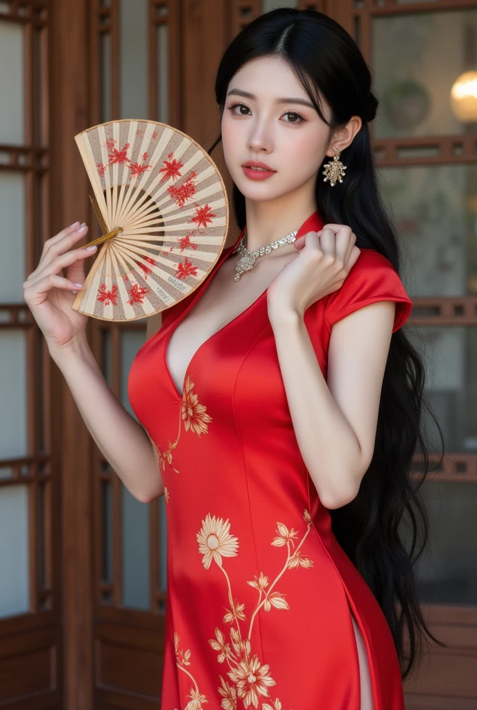 A beautiful Chinese woman with long black hair and bright red lipstick holds a hand fan in front of her. She is adorned with a red rose and a red flower is placed in her hair. She is wearing a traditional blue and gold robe. A gold dragon is wrapped around her arm and shoulder. In the background, there is a Chinese temple with a red lantern hanging in front of it. The sky is painted with a landscape of mountains and clouds.