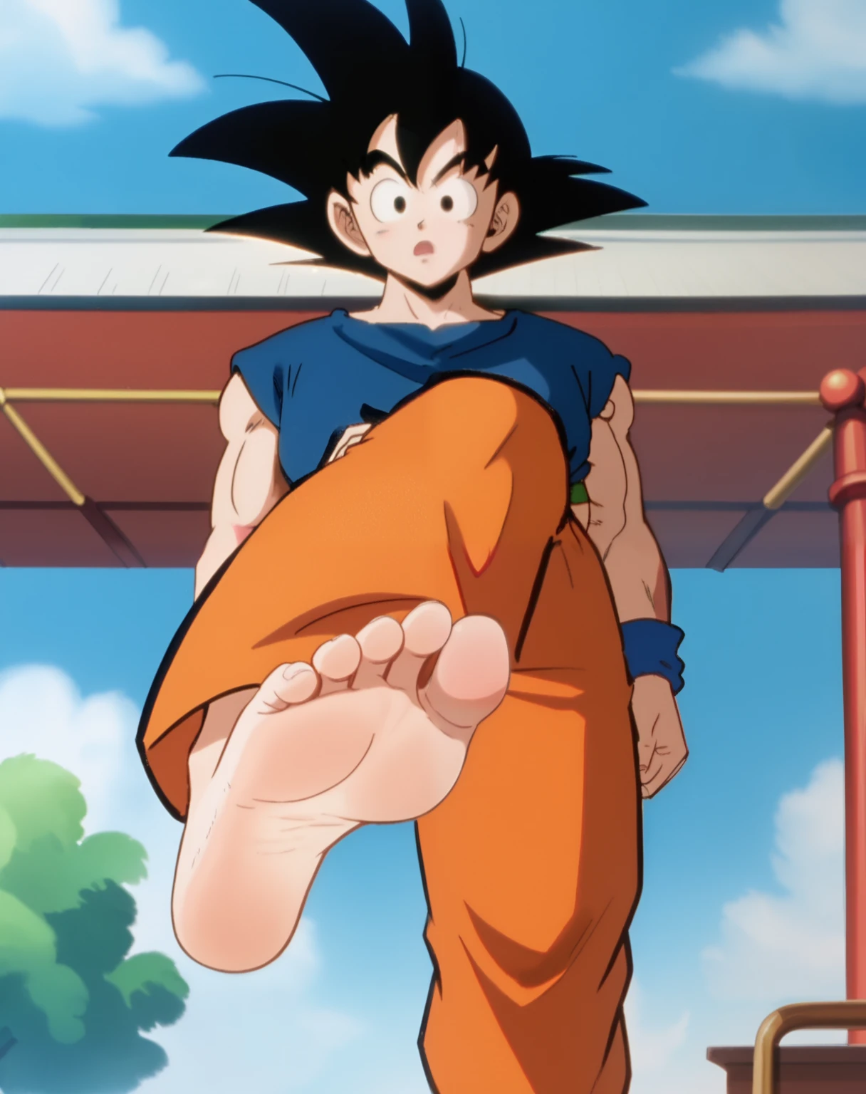 masterpiece, Highest quality, so beautiful, Absurd,Anatomically correct body,One boy, Male Focus, Son Gohan,Dragon Ball,View your viewers,Half naked,Show the soles of your feet, Perfect legs, Five-toed feet, Feet Focus, Two legs, 2 feet,10 years old