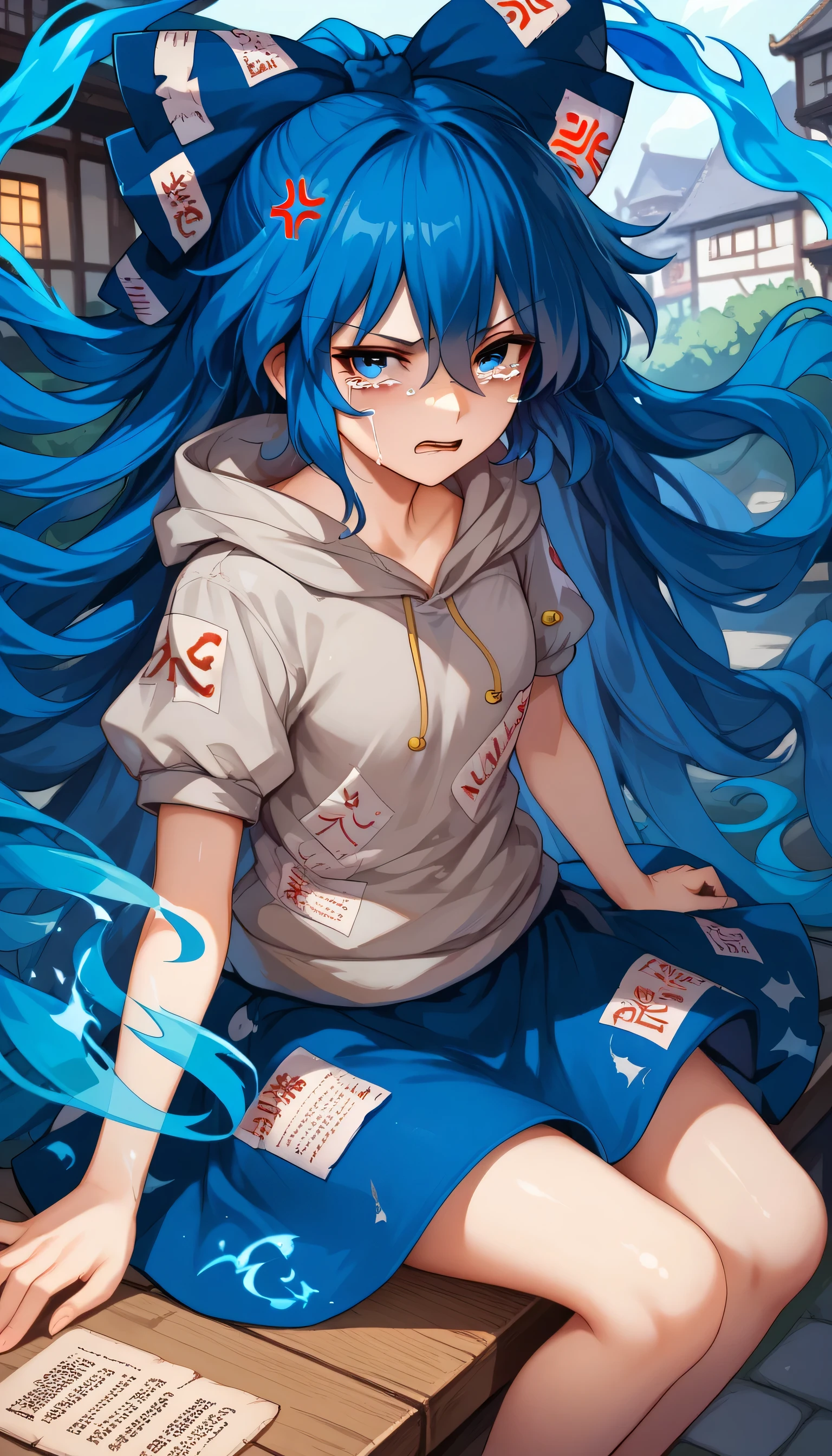 1girl,solo, yorigami shion, very long hair, hair between eyes, blue bow, grey hoodie, blue skirt, bare legs, Anger,Blue hair with a blue flame in her hair, a broken plate in her hands, tears in her eyes,Touhou Lost Word Style,looking at viewer,A village at night
