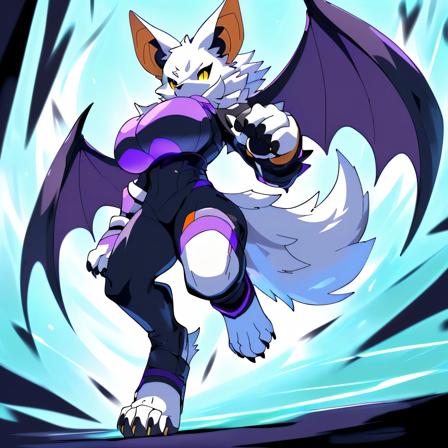 Anime, ((anime style)), ((single person:2)), ((solo drawing:2)), ((solo:2)), ((sfw version:1.5)), ((full body drawing)), ((plush build)), ((wearing a stylized black outfit)), ((Outfiwt with neon highlights)), ((action pose)), ((female Anthro bat)), ((Tall with large round breasts)), ((buxom figure)), ((white fur)), ((white bat ears)), ((white face)), ((neutral expression)), vivid yellow eyes, ((digitigrade legs)), highly detailed anime style, clean lines, white face, short white muzzle, white furry cheeks, white furry muzzle, ((white legs)), ((short claws)), ((adult aged)), ((huge bat wings)), ((black and purple bat wings)), ((single pair of wings)), ((white paws)), ((hind paws with 4 toes)), ((digitigrade paws))