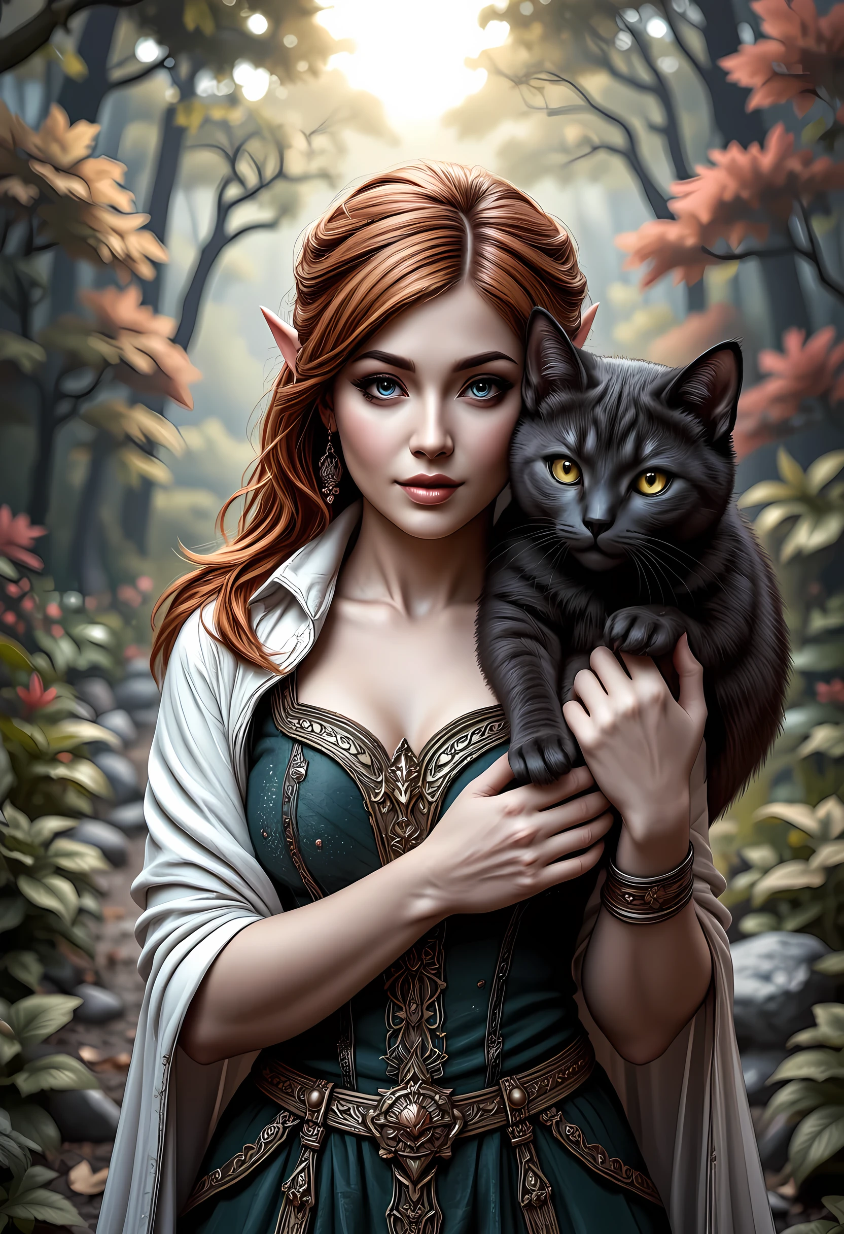 a picture of a female elf and her pet epic cat an exquisite beautiful female elf (ultra details, Masterpiece, best quality), red hair, pale skin, hair in a ponytail, long hair, blue eyes, smirking, wearing green dress (ultra details, Masterpiece, best quality), white cloak, in fantasy forest the road , with a ((cat: 1.3)) (ultra details, Masterpiece, best quality: 1.5) the cat has (glowing eyes: 1.2), colorful trees, the sun is high in the sky, best anatomy, high details, best quality, 16k, [ultra detailed], masterpiece, best quality, (extremely detailed), close up, ultra wide shot, photorealistic, RAW, fantasy art, dnd art, fantasy art, realistic art,((best quality)), ((masterpiece)), (detailed), perfect face, RAW, dark fantasy art, gothic art, hyp3rd3tail style