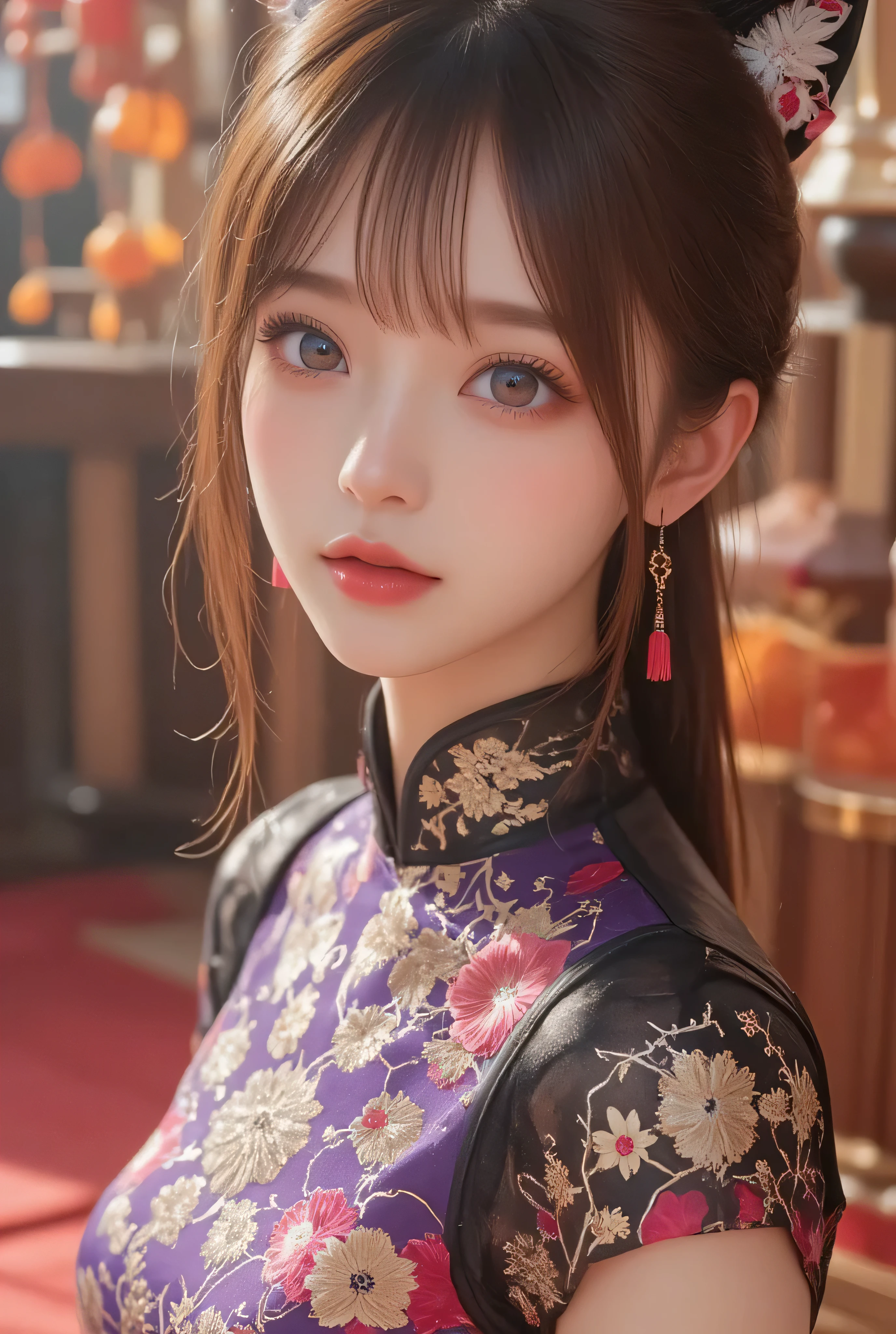 Cat ears、 face up、((( Lying in Bed))) attractive, pretty girl, ponytail、 (( fine facial features , )), dramatic lighting , realistic , 8k, Dramatic Shadows , intricate and elaborate patterns , super detailed photo , chiaroscuro lighting , Pleasant colors , deep contrast , super real 、 pink lipstick、 warm room、Vintage Fireplace 、 cinematic composition、Close-up of face, A beautiful Korean idol wearing a purple-pink-black short cheongsam with golden or silver intricate floral embroidery, standing gracefully in a room filled with traditional Chinese New Year decorations. The room features vibrant red lanterns, decorative calligraphy scrolls, a small Chinese orange tree with golden ornaments, and several red envelopes scattered across the floor and hanging from the tree. Adorable, playful cats are part of the scene—some sitting near the tree, others curiously pawing at the red envelopes or lounging around. Through a window or an open door in the background, vibrant Chinese fireworks light up the night sky in an array of reds, golds, and blues, casting a magical glow into the room. The idol’s outfit is paired with subtle accessories like red hairpins or earrings, complementing the festive look. The atmosphere is warm and lively, filled with the joyful essence of the celebration, enhanced by the shimmering lights of the fireworks and the lively decor.