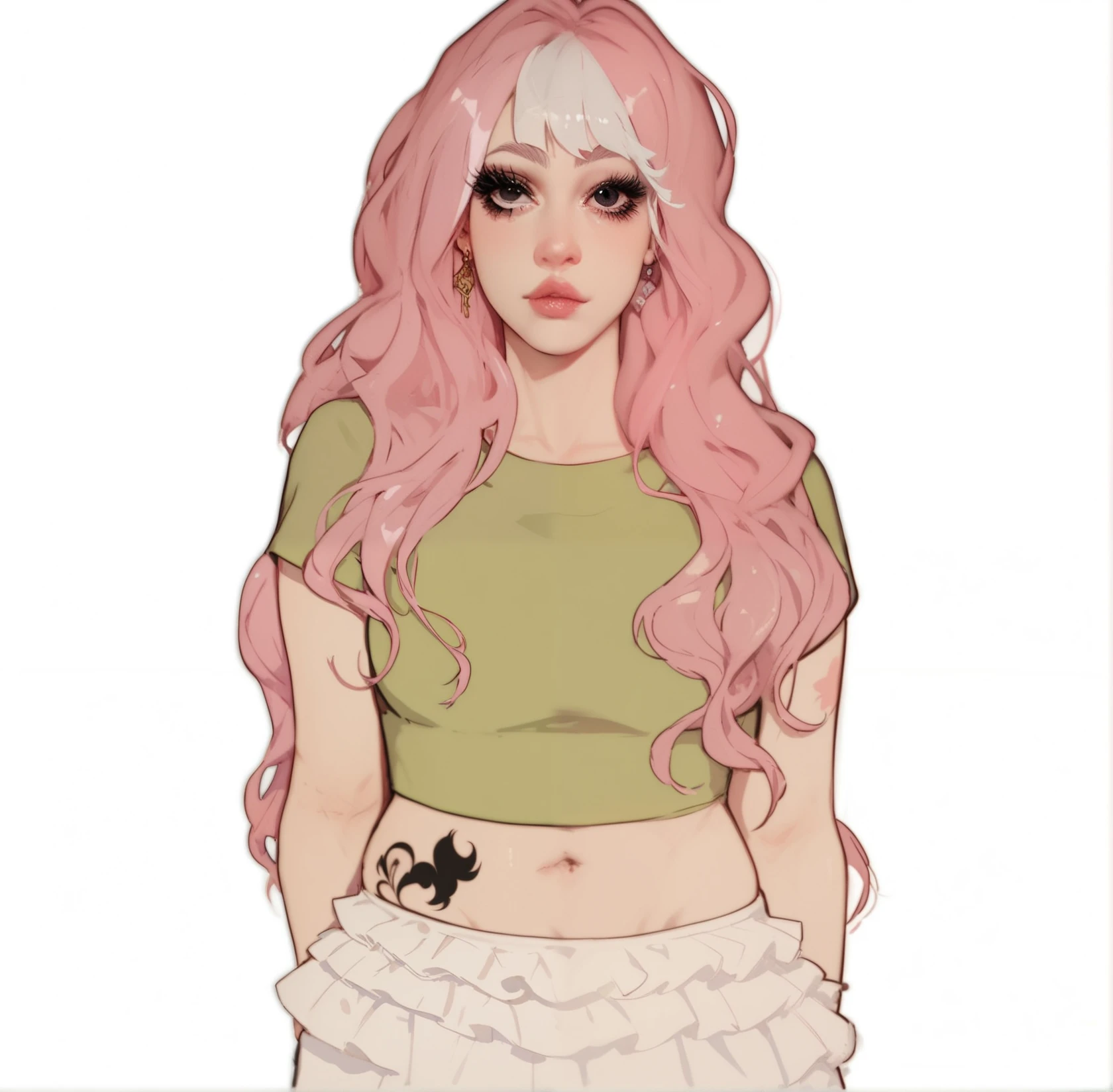 Image of a philipino girl in an anime artsyle, dressed in beabadoobee style clothes with long pink hair, black eyes, frilly skirt, earthy floral baby tee, fluffy eyelashes, white hair streaks, dragon tattoo