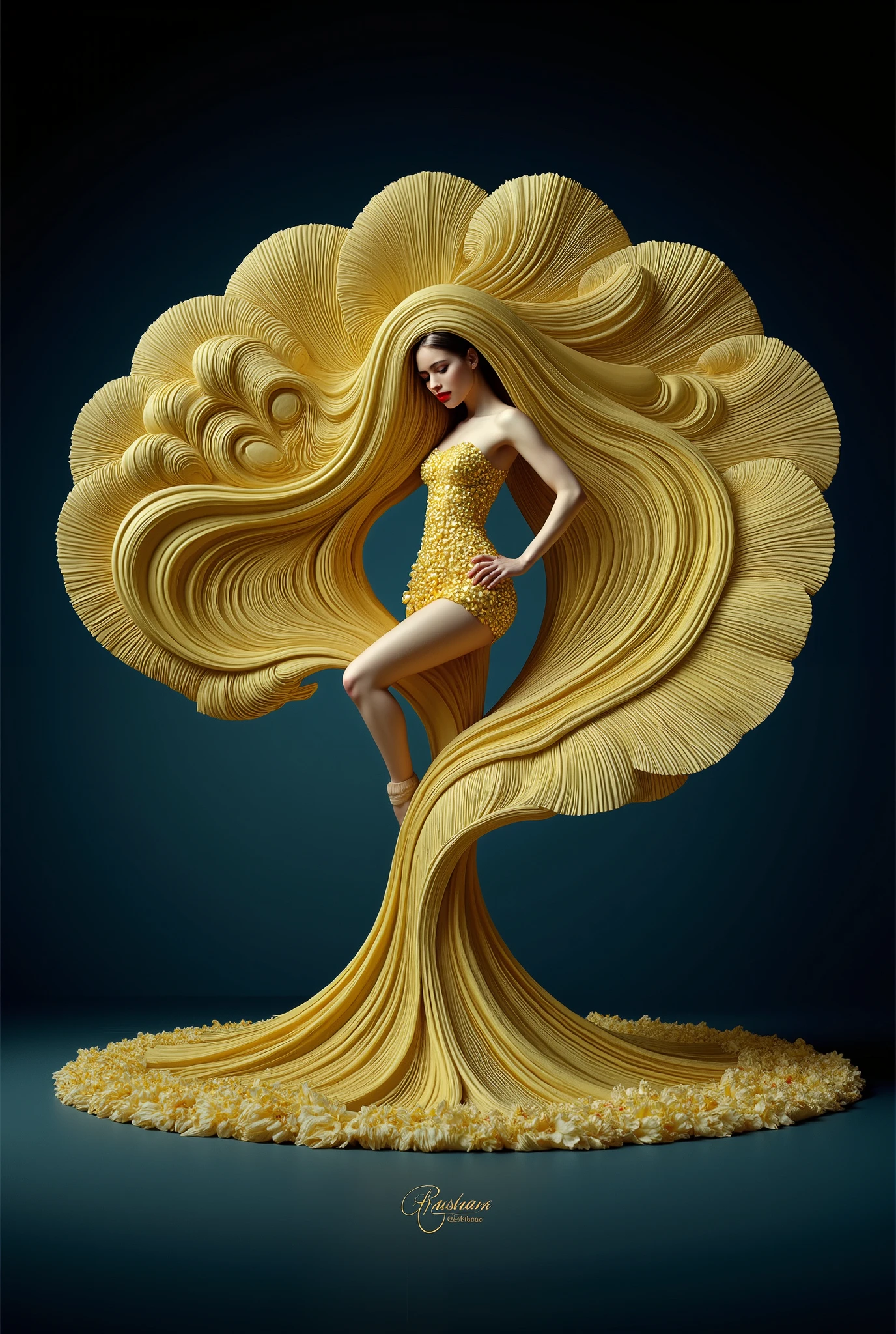(split black white) A full background, minimal collage artwork featuring a wide and long piece of yellowish green color blanket made of small flower petals covering and envelop a part of the body of a beautiful russian ballerina women red lips, small petals dress, The ends of the flower petal cloth fly up and stick to the wall expands upwards forming a beautiful luxurious and majestic blanket shape(symmetrical shape) stuck to the wall , black wall, Unique poses with flexible bodies, strange poses, unique and beautifu pose against the middle of wall, low light, beautiful and unique masterpiece. very detailed, high resolution, in terms of beautiful appearance, beautiful art, like a beautiful logo,Elegance,SurrealArtStyle,Elegance,Composition