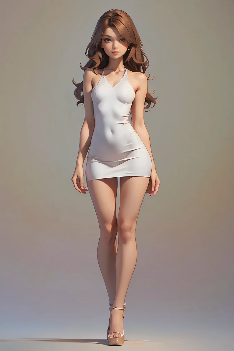 A skinny thin girl with thin arms thin legs and thin waist with big breasts wearing a very deep neck dress standing a seductive pose with seductive expression