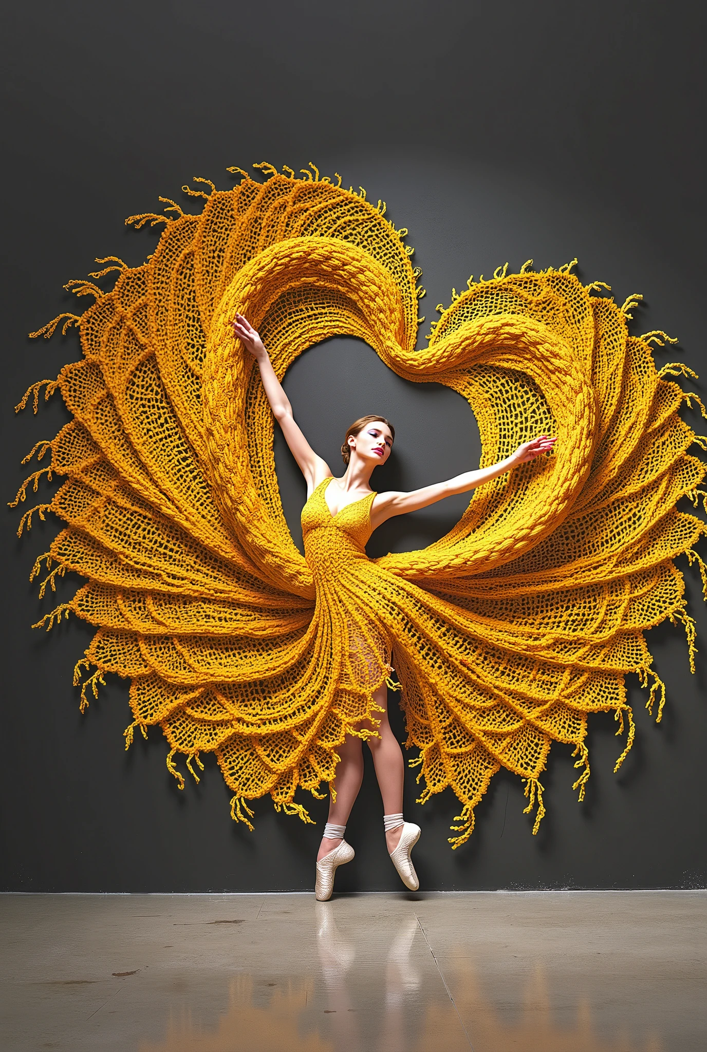 A full background, minimal collage artwork featuring a wide and long piece of yellow color blanket made of knitted yarn with a detailed knitted texture in unieqe pattern covering and envelop a part of the body of a beautiful russian ballerina women, red lips, knitted yarn with a detailed knitted texture dress, The ends of knitted yarn with a detailed knitted texture cloth fly up and stick to the wall expands upwards forming a beautiful luxurious and majestic blanket shape (symmetrical shape) stuck to the wall in unieqe pattern, black wall, Unique poses with flexible bodies, strange poses, unique and beautifu pose against the middle of wall, low light, beautiful and unique masterpiece. very detailed, high resolution, in terms of beautiful appearance, beautiful art, like a beautiful logo,Elegance,SurrealArtStyle,Elegance,Composition,Florinda