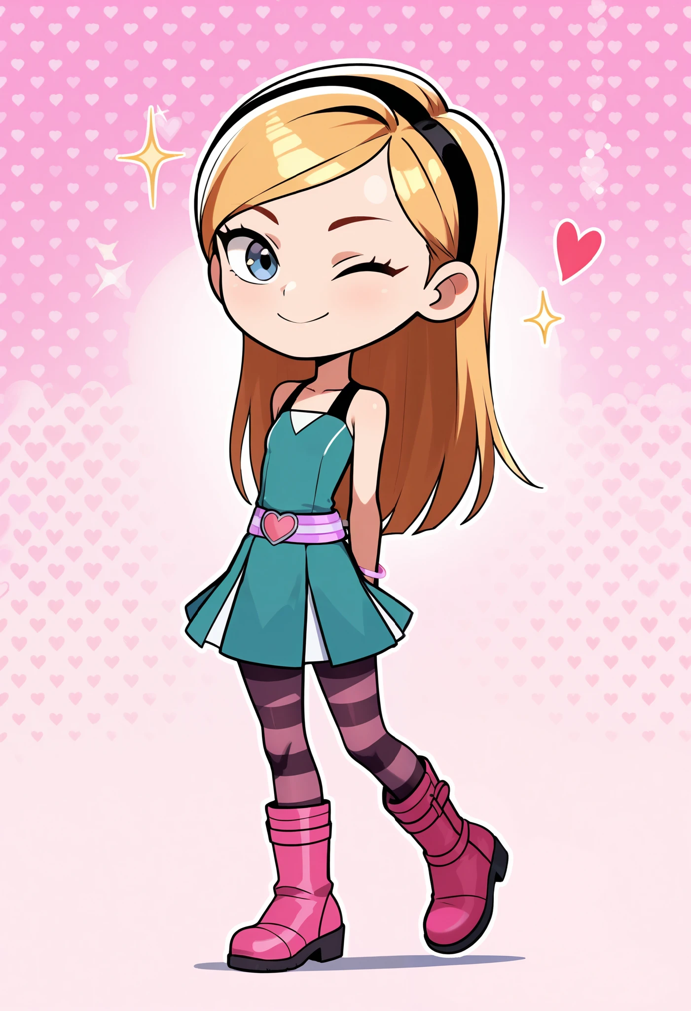 1girl, solo, penny peterson, long hair, blue eyes, 3d, blonde hair, skirt, pleated skirt, hairband, black hairband, dress, teal dress, white trimmings under her skirt, lavender belt, blue and pink striped pantyhose, pink boots, pink bracelet, beautiful, cute girl, closed mouth, cute smile, one eye closed, arms behind back, happy, looking at viewer, pink background, hearts, sparkles, chibi