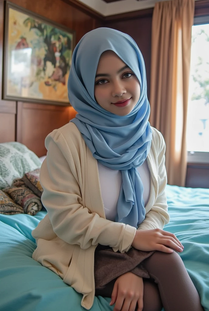 there is a woman sitting on a bed with a blue scarf, low quality video, faridah malik, inspired by JoWOnder, tiktok video, inspired by Ingrida Kadaka, inspired by Bernardino Mei, hijab, instagram story, ruan cute vtuber, inspired by Nil Gleyen, inspired by Nazmi Ziya Güran, Complete the entire body in the photo playing vagina with pussy, stay style hijab, naked skirt and clothes