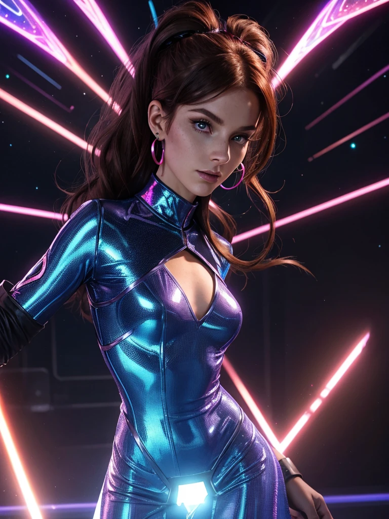 （（（完美figure，figure，solo， White and tender skin，（（（hoodie，wearing a hoodie））），（（（mei_terumi,long hair, brown hair, green eyes, hair over one eye, Red brown crossed long curly hair, right eye covered by hair, pink lips））），((masterpiece)),high resolution, ((Best quality at best))，masterpiece，quality，Best quality，（（（ Exquisite facial features，Looking at the audience,There is light in the eyes，(（（Smile，confidence)））)，））），型figure:1.7））），（（（Light and shadow，Huge breasts））），（（（Looking at the camera，black background，colorful, neon lights,baby pink, baby yellow, silver, white,Bend forward ）））