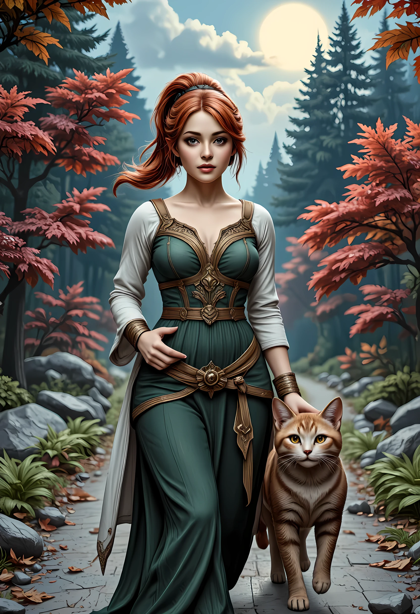 a picture of a female elf and her pet epic cat  traveling on the forest road, an exquisite beautiful female elf (ultra details, Masterpiece, best quality), red hair, pale skin, hair in a ponytail, long hair, blue eyes, smirking, wearing green dress (ultra details, Masterpiece, best quality), white cloak, in fantasy forest the road , with a ((cat: 1.3)) (ultra details, Masterpiece, best quality: 1.5) the cat has (glowing eyes: 1.2), colorful trees, the sun is high in the sky, best anatomy, high details, best quality, 16k, [ultra detailed], masterpiece, best quality, (extremely detailed), close up, ultra wide shot, photorealistic, RAW, fantasy art, dnd art, fantasy art, realistic art,((best quality)), ((masterpiece)), (detailed), perfect face, RAW, dark fantasy art, gothic art, hyp3rd3tail style
