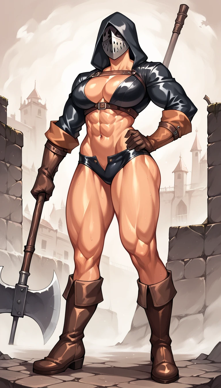 Two long thighs, yellow eyes, blonde hair, short hair, large breasts, detached sleeves, very white background, royal tiara, long cape, yellow tiger bikini, high heels, hands on hips. red tattoo on belly navel, full body female MILF BIMBO, lustful smirking smile face (red blush), metal shoulders, golden bracers sleeveless, black choker sex slave