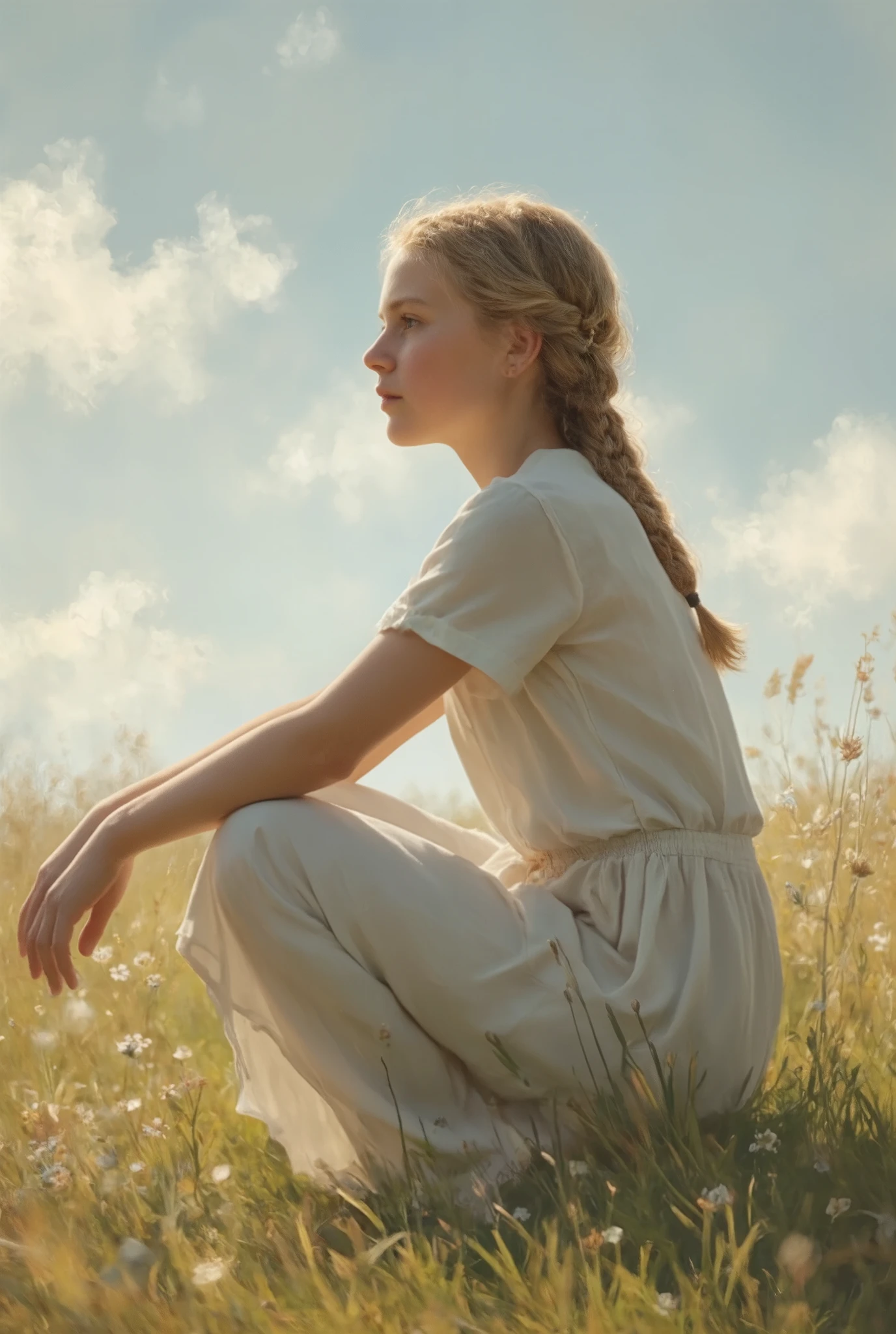 Girl, simple dress, crouching, french braid, blonde hair, hairpin, Realism, En plein air, bloom, ray tracing, from side, atmospheric perspective, emphasis lines, blurry, accurate, anatomically correct, super detail, best quality, highres, 8k, high details