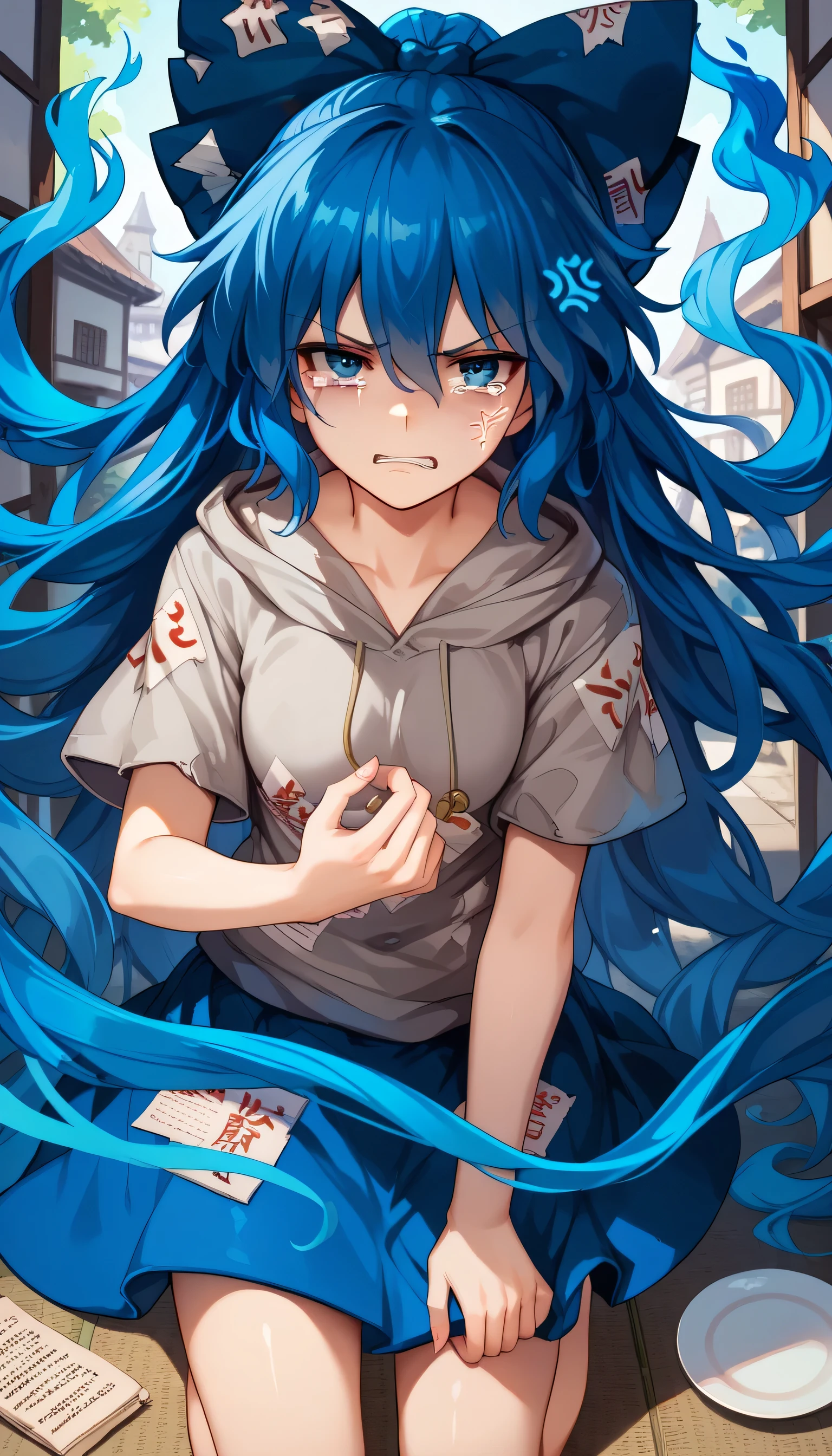 1girl,solo, yorigami shion, very long hair, hair between eyes, blue bow, grey hoodie, blue skirt, bare legs, Anger,Blue hair with a blue flame in her hair, a broken plate in her hands, tears in her eyes,Touhou Lost Word Style,looking at viewer,A village at night