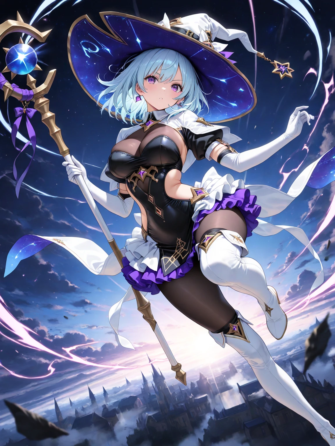 Anime , maga mulher, busto grande, roupa mago, roupa sexy, 8K, detalhista, cabelo longo, center in hand, starly sky, linda, rosto perfeito.