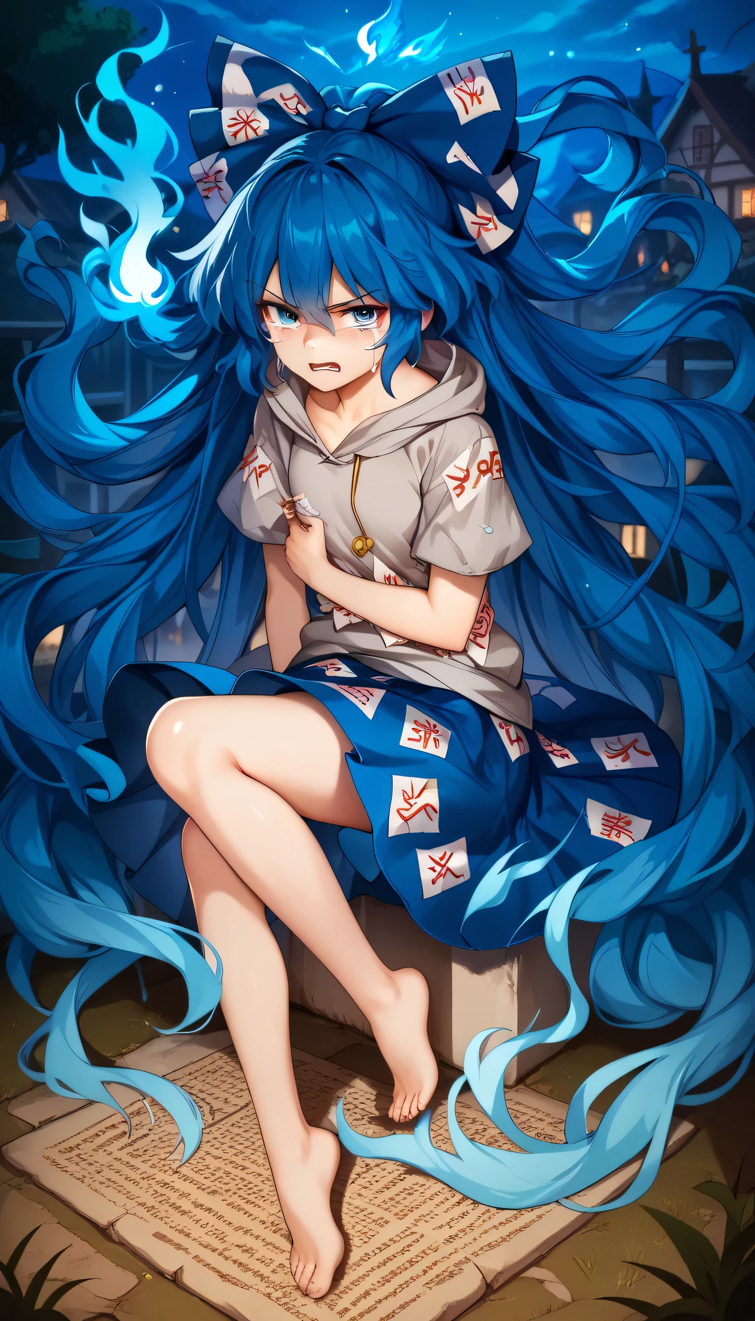1girl,solo, yorigami shion, very long hair, hair between eyes, blue bow, grey hoodie, blue skirt, bare legs, Anger,Blue hair with a blue flame in her hair, tears in her eyes,Touhou Lost Word Style,looking at viewer,A village,night, 