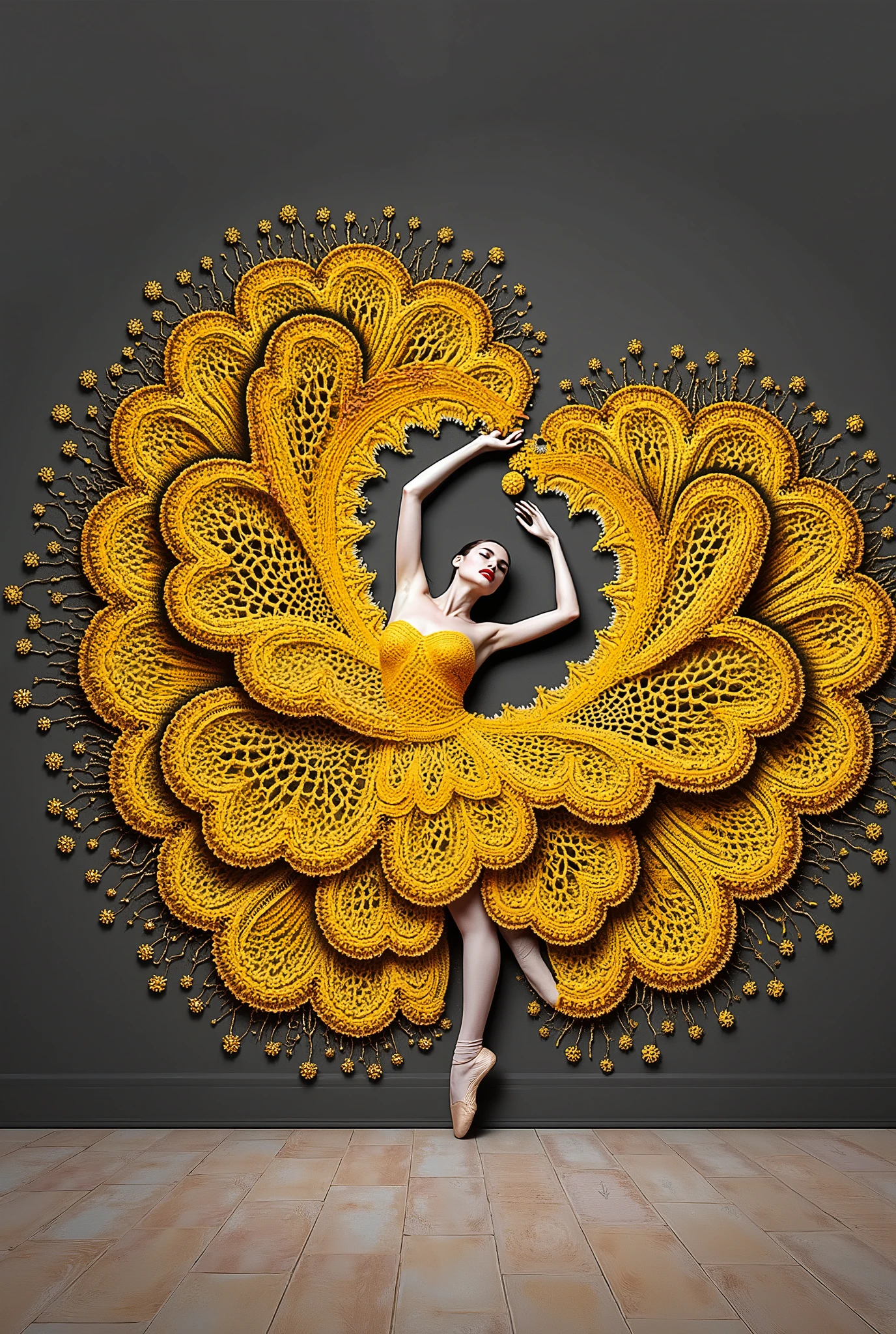 A full background, minimal collage artwork featuring a wide and long piece of yellow color blanket made of knitted yarn with a detailed knitted texture in unieqe pattern covering and envelop a part of the body of a beautiful russian ballerina women, red lips, knitted yarn with a detailed knitted texture dress, The ends of knitted yarn with a detailed knitted texture cloth fly up and stick to the wall expands upwards forming a beautiful luxurious and majestic blanket shape (symmetrical shape) stuck to the wall in unieqe pattern, black wall, Unique poses with flexible bodies, strange poses, unique and beautifu pose against the middle of wall, low light, beautiful and unique masterpiece. very detailed, high resolution, in terms of beautiful appearance, beautiful art, like a beautiful logo,Elegance,SurrealArtStyle,Elegance,Composition,Florinda