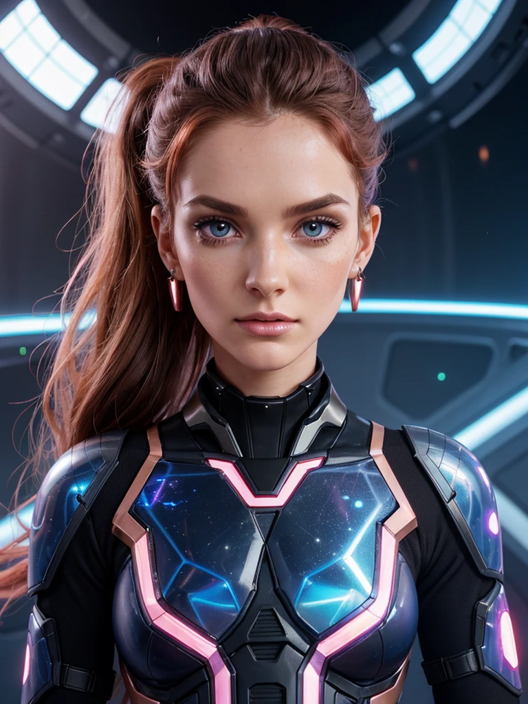 Portrait of a woman in 'Astral Ascent', illustrated in a sunrise pink uplifting, inspiring, and serene teal transcendent environment, where the boundaries between the physical world and the spiritual realm dissolve,  <lora:Cosine_freck:.9> <lora:EleonoraV2:0.2>, <lora:MJ52:0.1> <lora:add-detail-xl:1>, Sci-Fi Inspired fashion style, draws inspiration from science fiction movies, and futurism, features futuristic silhouettes,  and avant-garde designs, promotes imagination and innovation in fashion, explores concepts of technology