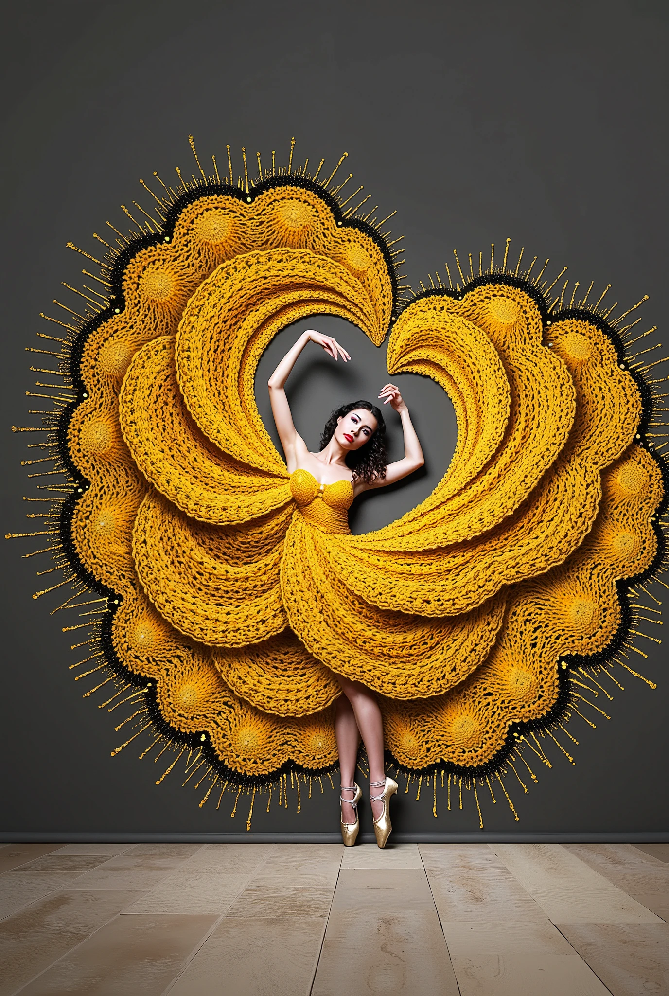 A full background, minimal collage artwork featuring a wide and long piece of yellow color blanket made of knitted yarn with a detailed knitted texture in unieqe pattern covering and envelop a part of the body of a beautiful russian ballerina women, red lips, knitted yarn with a detailed knitted texture dress, The ends of knitted yarn with a detailed knitted texture cloth fly up and stick to the wall expands upwards forming a beautiful luxurious and majestic blanket shape (symmetrical shape) stuck to the wall in unieqe pattern, black wall, Unique poses with flexible bodies, strange poses, unique and beautifu pose against the middle of wall, low light, beautiful and unique masterpiece. very detailed, high resolution, in terms of beautiful appearance, beautiful art, like a beautiful logo,Elegance,SurrealArtStyle,Elegance,Composition,Florinda
