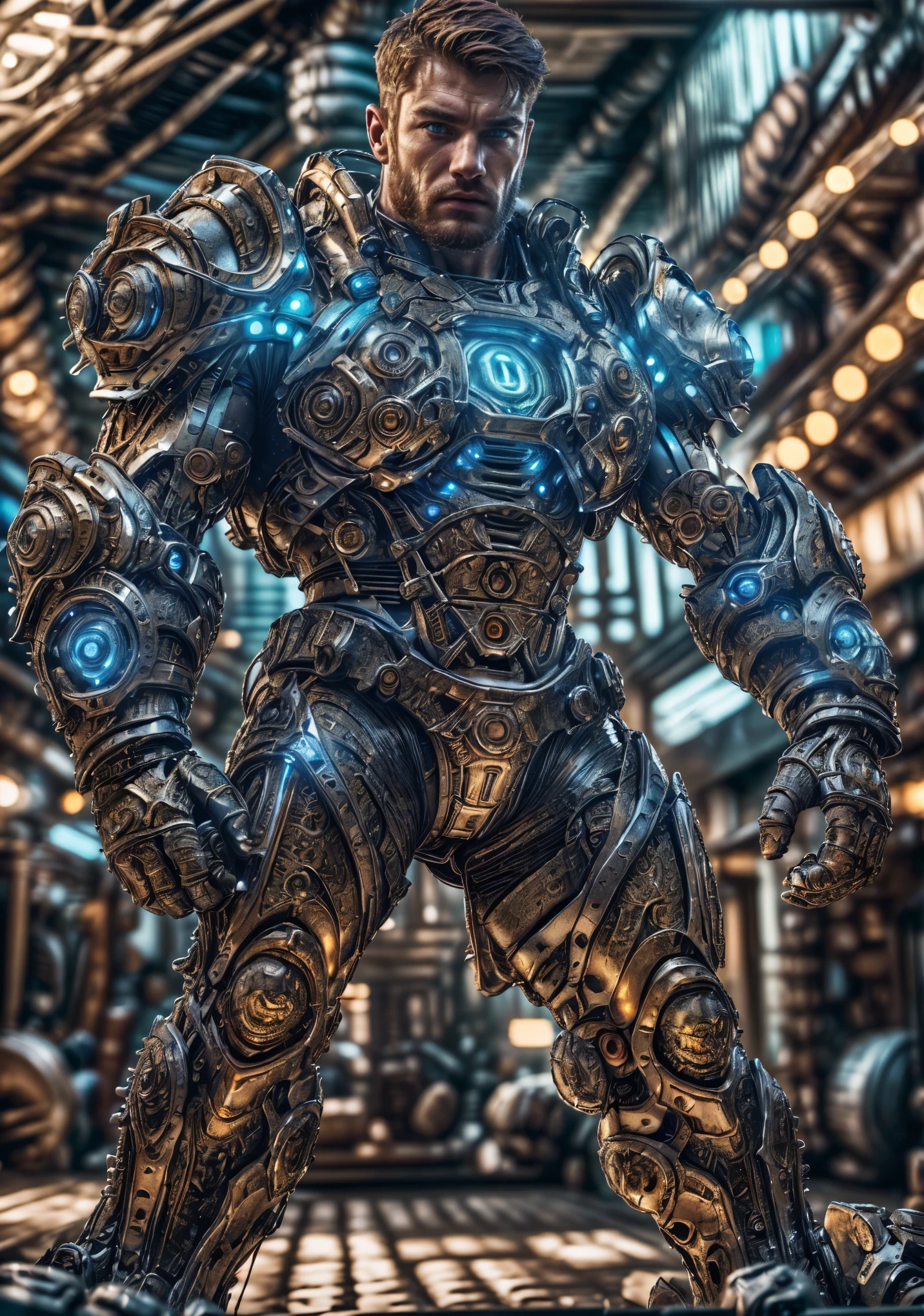 ((Masterpiece, High Quality)), Best Quality, highly detailed , ultrarealistic , cinematic, best quality, high resolution ,realistic , photorealistic realistic eyes, intricate details, detailed background, depth of field, dynamic pose, dynamic angle ,male focus ,muscled man (1.0) ,handsome (detailed face) ,Young Arafed muscular chiseled very handsome man , (( subsurface scattering, realistic hair, realistic eyes, muscular, manly, photo of a handsome (Irish man), mech4rmor, wearing mechanical power armor, glowing, dynamic pose, fighting stance, futuristic, factory, industrial, red hair (1.0) blue eyes (1.0), beard ,detail face, tool enhancer ,slider 1.0)), realistic, masterpiece, intricate details, detailed background, depth of field, photo of a man ,looking like courage , ((light bokeh)) , highlighting the strong muscle lines , symbol of strength. Perspective and perspective: shooting from a low angle , highlighting the height and majesty of men. Or use a side perspective to show the posture and tattoo of a men.
