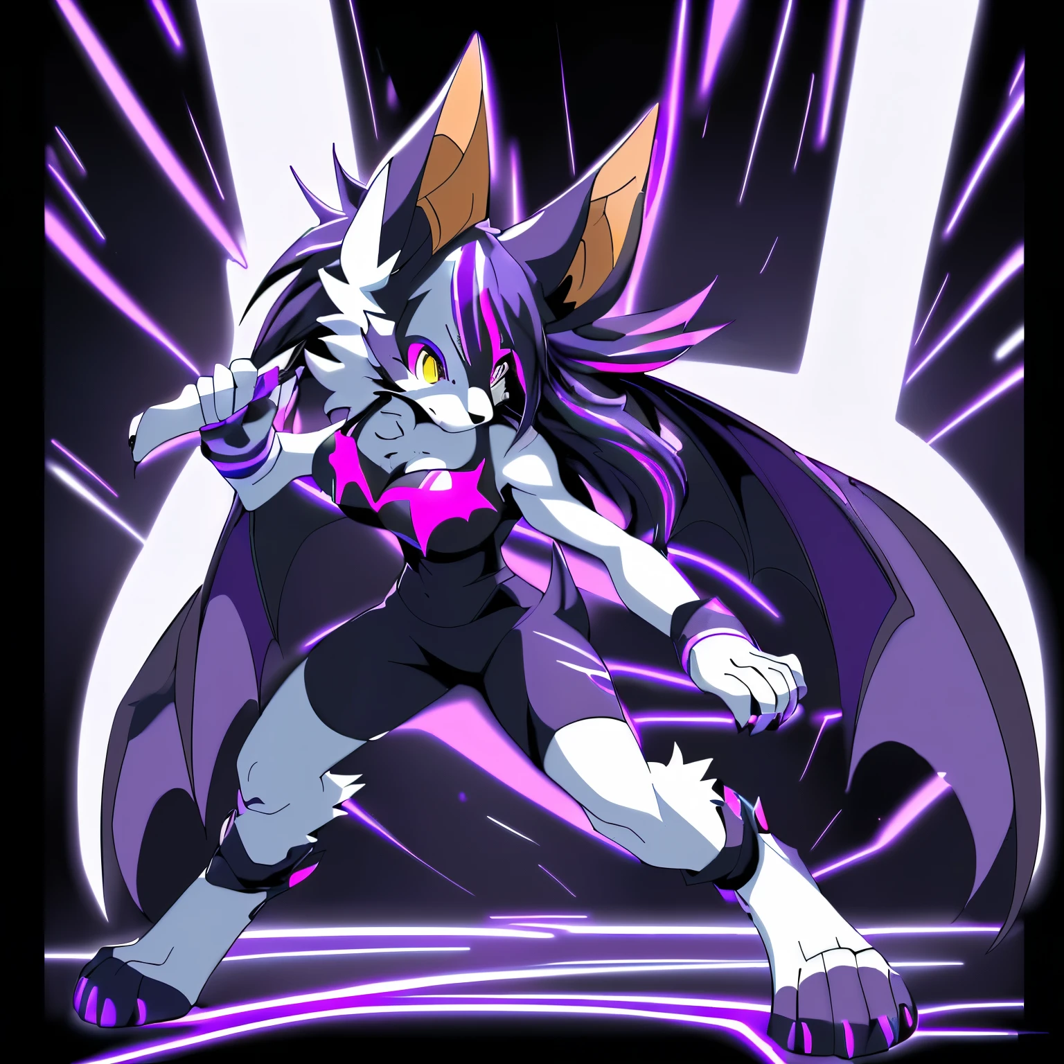 Anime, ((anime style)), ((single person:2)), ((solo drawing:2)), ((solo:2)), ((sfw version:1.5)), ((full body drawing)), ((plush build)), ((wearing a black halter top and knee length black shorts)), ((Outfit with dark purple neon highlights:1.5)), ((action pose)), ((female Anthro bat)), ((Tall with large round breasts)), ((buxom figure)), ((white fur)), ((white bat ears)), ((white face)), ((neutral expression)), vivid yellow eyes, ((digitigrade legs)), highly detailed anime style, clean lines, white face, short white muzzle, white furry cheeks, white furry muzzle, ((white legs)), ((short claws)), ((adult aged)), ((huge bat wings)), ((black and purple bat wings)), ((single pair of wings)), ((white paws)), ((hind paws with 4 toes)), ((digitigrade paws))