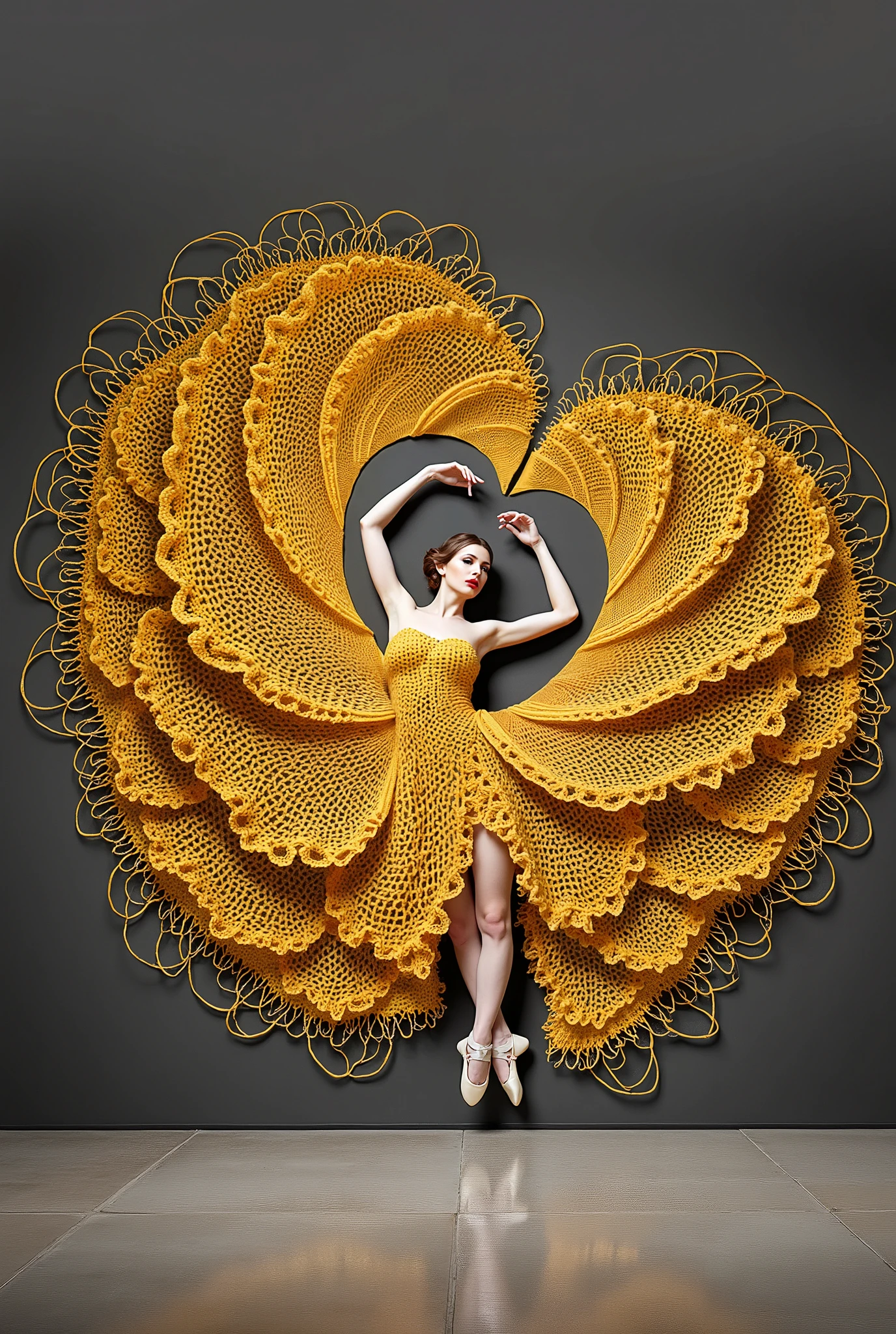 A full background, minimal collage artwork featuring a wide and long piece of yellow color blanket made of knitted yarn with a detailed knitted texture in unieqe pattern covering and envelop a part of the body of a beautiful russian ballerina women, red lips, knitted yarn with a detailed knitted texture dress, The ends of knitted yarn with a detailed knitted texture cloth fly up and stick to the wall expands upwards forming a beautiful luxurious and majestic blanket shape (symmetrical shape) stuck to the wall in unieqe pattern, black wall, Unique poses with flexible bodies, strange poses, unique and beautifu pose against the middle of wall, low light, beautiful and unique masterpiece. very detailed, high resolution, in terms of beautiful appearance, beautiful art, like a beautiful logo,Elegance,SurrealArtStyle,Elegance,Composition,Florinda
