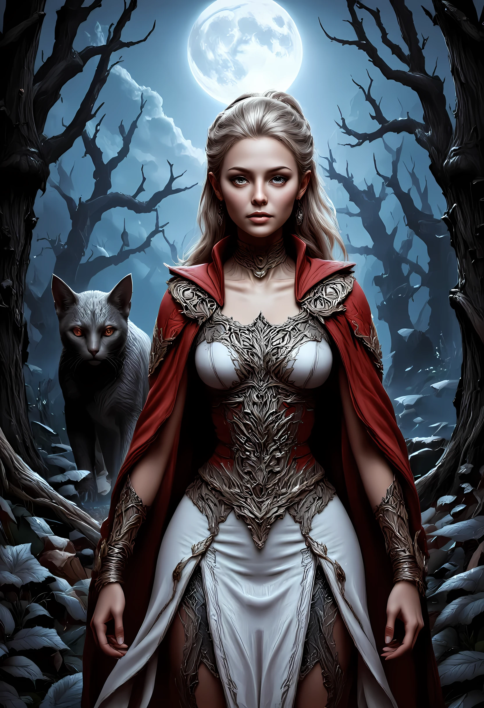 a picture of a female elf and her pet epic cat traveling on the forest road, an exquisite beautiful female elf (ultra details, Masterpiece, best quality), blond hair, pale skin, hair in a ponytail, long hair, blue eyes, smirking, wearing white dress (ultra details, Masterpiece, best quality), red cloak, in dark fantasy forest at night, with a ((cat: 1.3)) (ultra details, Masterpiece, best quality: 1.5) the cat has red glowing eyes, dark trees, the moon is high in the sky, best anatomy, high details, best quality, 16k, [ultra detailed], masterpiece, best quality, (extremely detailed), close up, ultra wide shot, photorealistic, RAW, fantasy art, dnd art, fantasy art, realistic art,((best quality)), ((masterpiece)), (detailed), perfect face, RAW, dark fantasy art, gothic art, hyp3rd3tail style, aidmaDarkfantasy