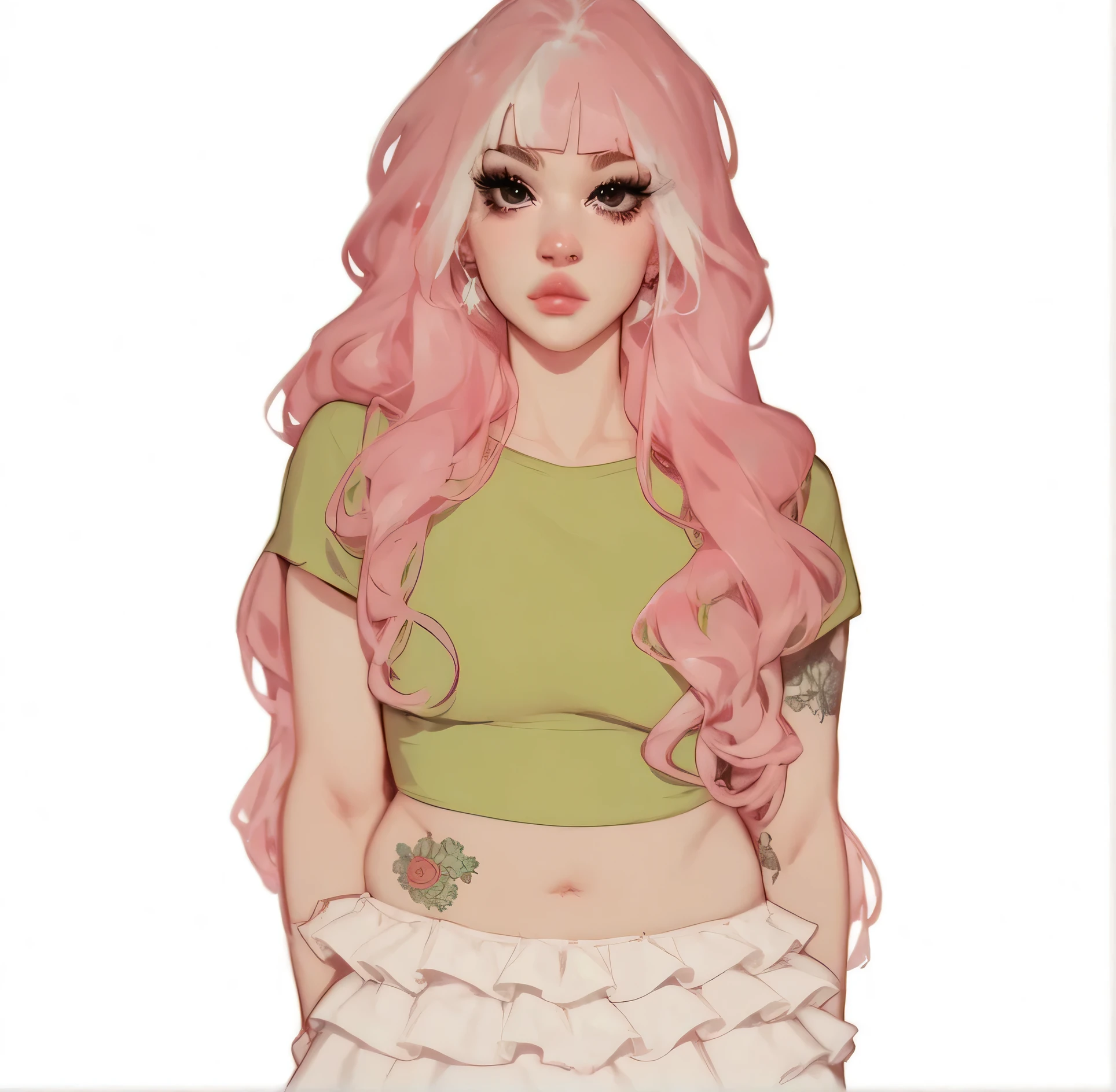 Image of a philipino girl in an anime artsyle, dressed in beabadoobee style clothes with long pink hair, black eyes, frilly skirt, earthy floral baby tee, fluffy eyelashes, white hair streaks, dragon tattoo