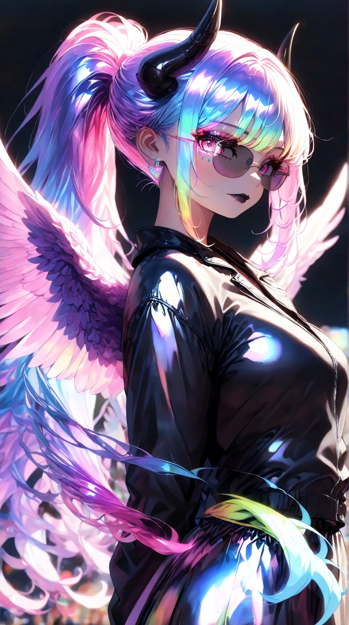 a Character in a black outfit , cyberpunk streetwear, wearing cyberpunk streetwear, cyberpunk outfit, wearing techwear and armor, all black cyberpunk clothes, cyberpunk style outfit, cyberpunk clothes, cyberpunk fashion, style of cyberpunk, cyberpunk outfits, futuristic techwear, photograph of a techwear, cyberpunk fashion clothing, cyberpunk high fashion, has cyberpunk style, muted cyberpunk style
(masterpiece, best quality )detailed, 1Character , pastel washed out colors , cell shade , soft, muted shades ,gentle colors , blue archive art style, Beautiful woman , very long hair , wavy hair , pink eyes , pink hair , pale skin , elf ears , ((has fairy wings:1 )), age 23