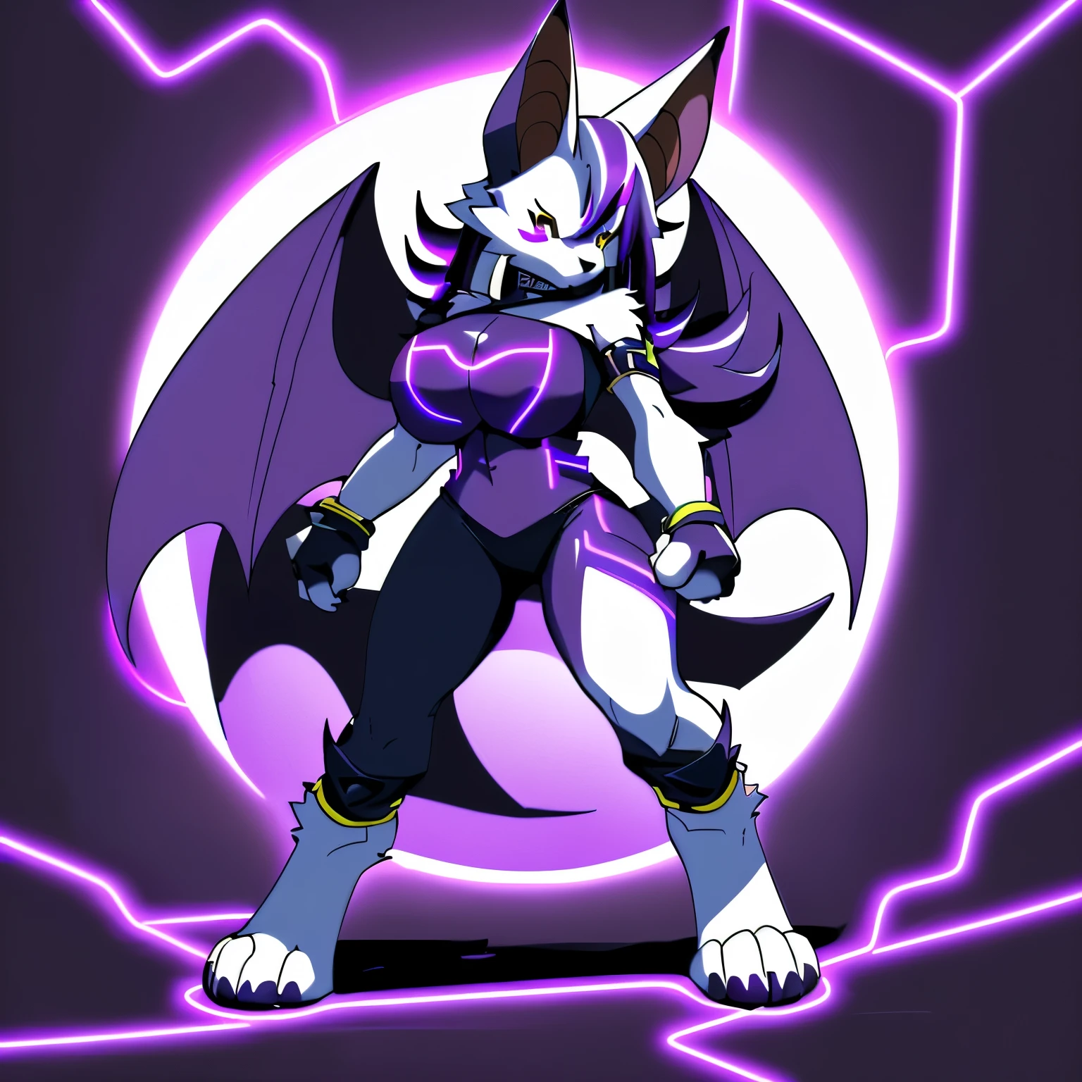 Anime, ((anime style)), ((single person:2)), ((solo drawing:2)), ((solo:2)), ((sfw version:1.5)), ((full body drawing)), ((plush build)), ((wearing a black halter top and knee length black shorts)), ((Outfit with dark purple neon highlights:1.5)), ((action pose)), ((female Anthro bat)), ((Tall with large round breasts)), ((buxom figure)), ((white fur)), ((white bat ears)), ((white face)), ((neutral expression)), vivid yellow eyes, ((digitigrade legs)), highly detailed anime style, clean lines, white face, short white muzzle, white furry cheeks, white furry muzzle, ((white legs)), ((short claws)), ((adult aged)), ((huge bat wings)), ((black and purple bat wings)), ((single pair of wings)), ((white paws)), ((hind paws with 4 toes)), ((digitigrade paws))