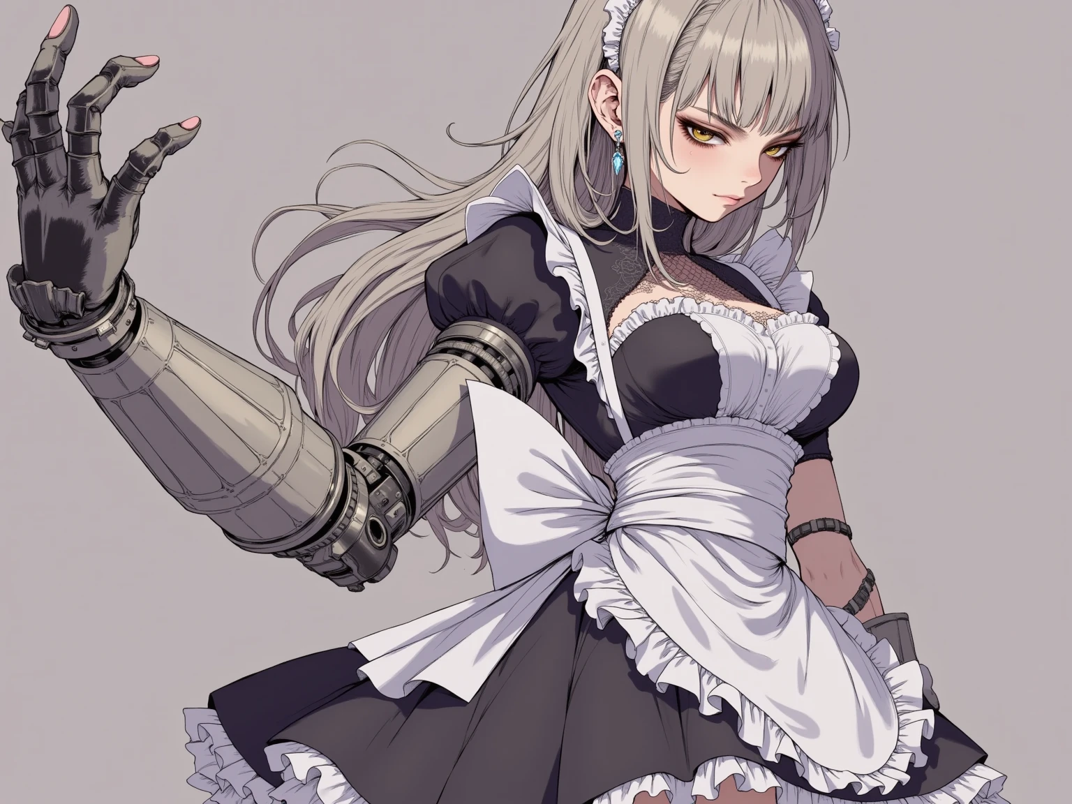 female, standing, right, long_hair, disordered_hair, white_hair, maid in armor, metallic high heels, drow elf, grey skin, sex slave, black leather choker collar, bracers