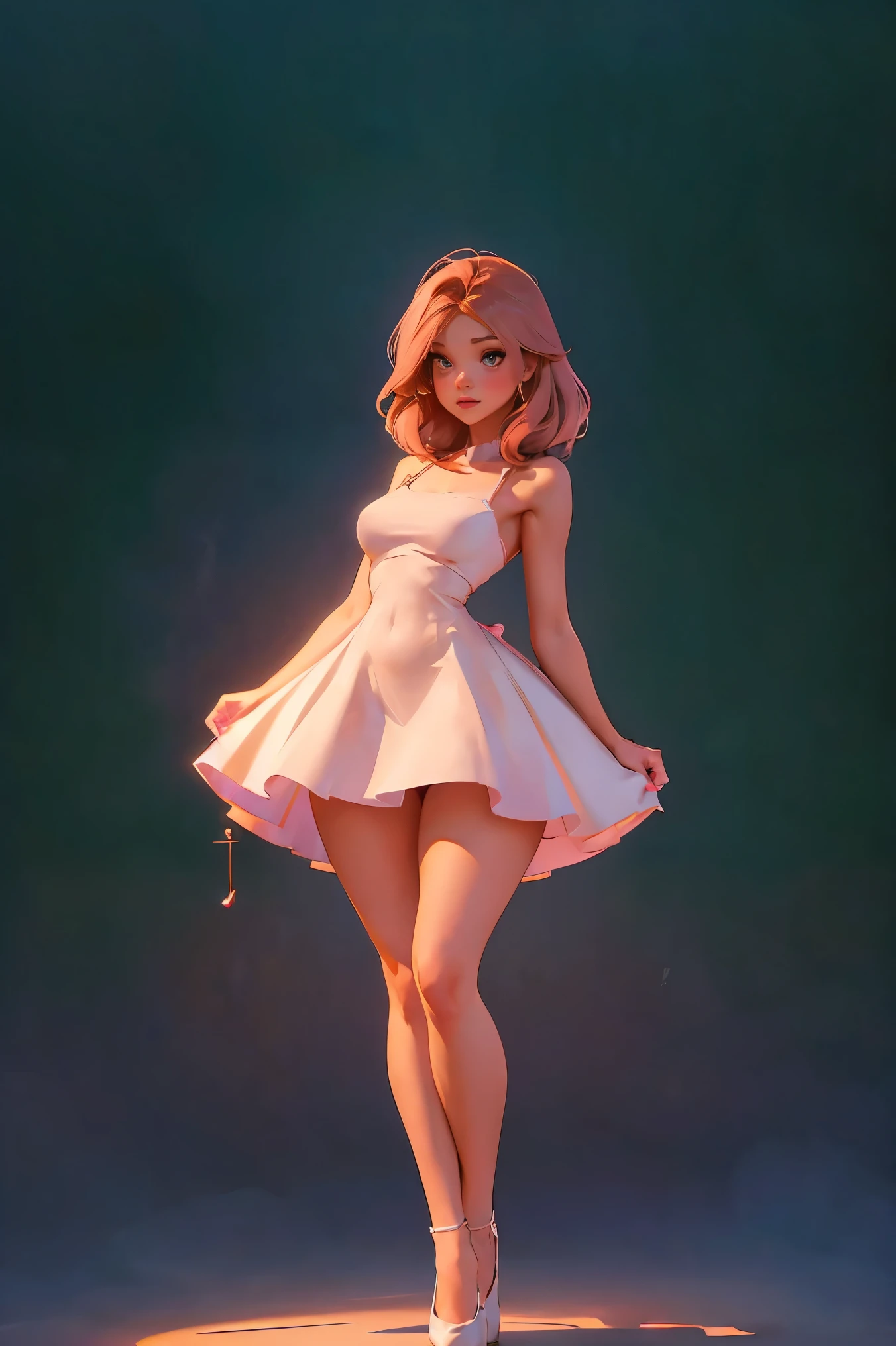 A woman, ((dressed in a sexy white mini micro dress)):1.4, brown long hair, (((Full body drawing))):1.5, curvy, ((long legs)),(((long body))):1.6, (pink nails):1.6,((perfekt eyes))):1.5, ((((stumbles)))):1.7,((softly rounded)):1.6, (small breast):1.9, (wide hips):1.7, (Chubby hips):1.7, (small waist):1.7,(small torso):1.8, (rounded legs):1.7