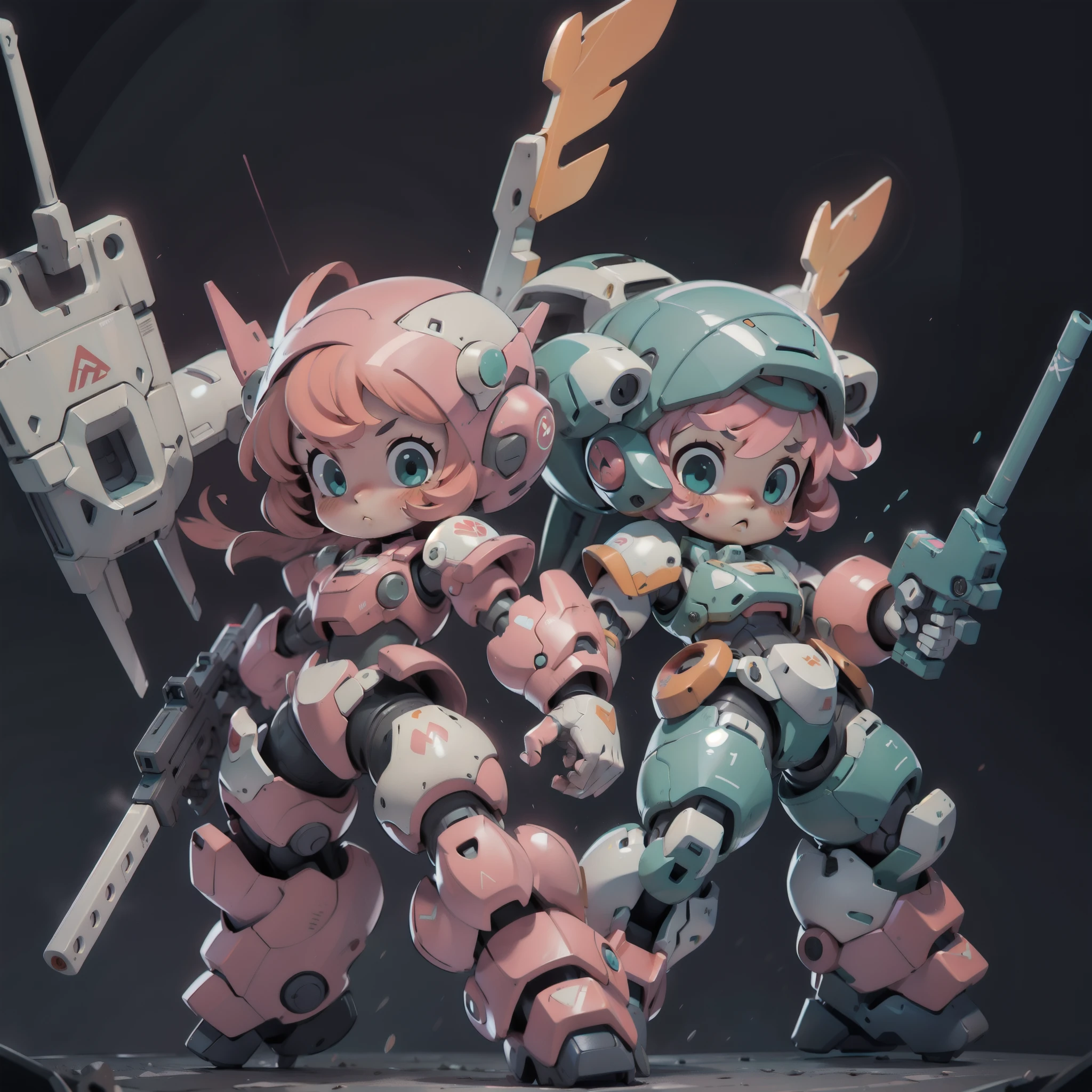 BJ_Cute_Mech,1girl,solo,blush,blue_eyes,holding,closed_mouth,standing,full_body,weapon,pink_hair,chibi,holding_weapon,armor,aqua_eyes,gun,helmet,black_background,clenched_hand,holding_gun,mecha_musume,power_armor,
cinematic lighting,strong contrast,high level of detail,Best quality,masterpiece,White background,
