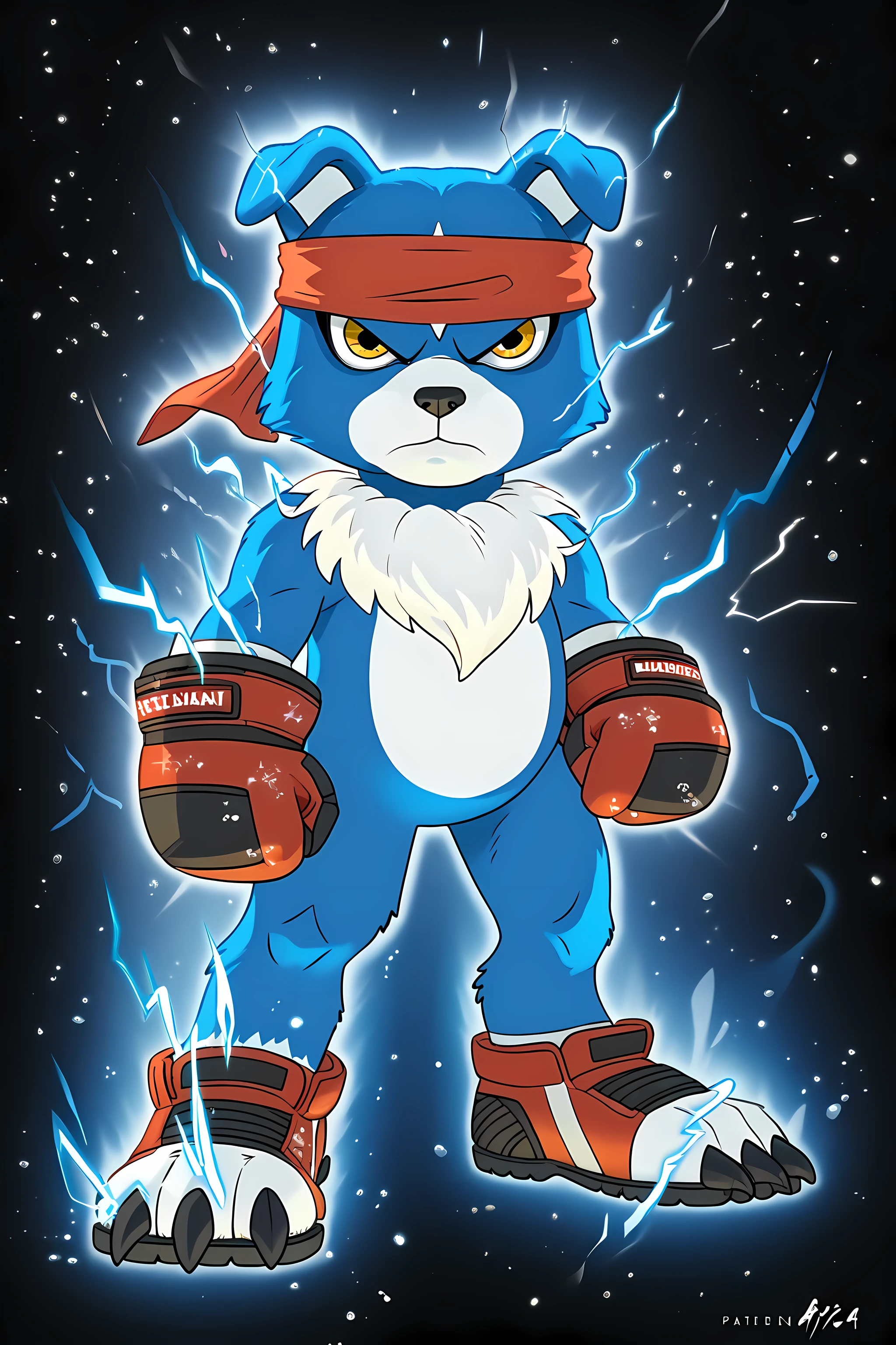 gaomon (character), digimon (creature), dog boy, blue body, headband, yellow eyes, boxing gloves, UltraInstInctAura, (((aura, glow, light particles, sparks, electricity))), black background, white background, abstract background, detailed, ((flat color)), full body, wfa style, stern face, wide stance, powerful pose, shoes, toes, claws