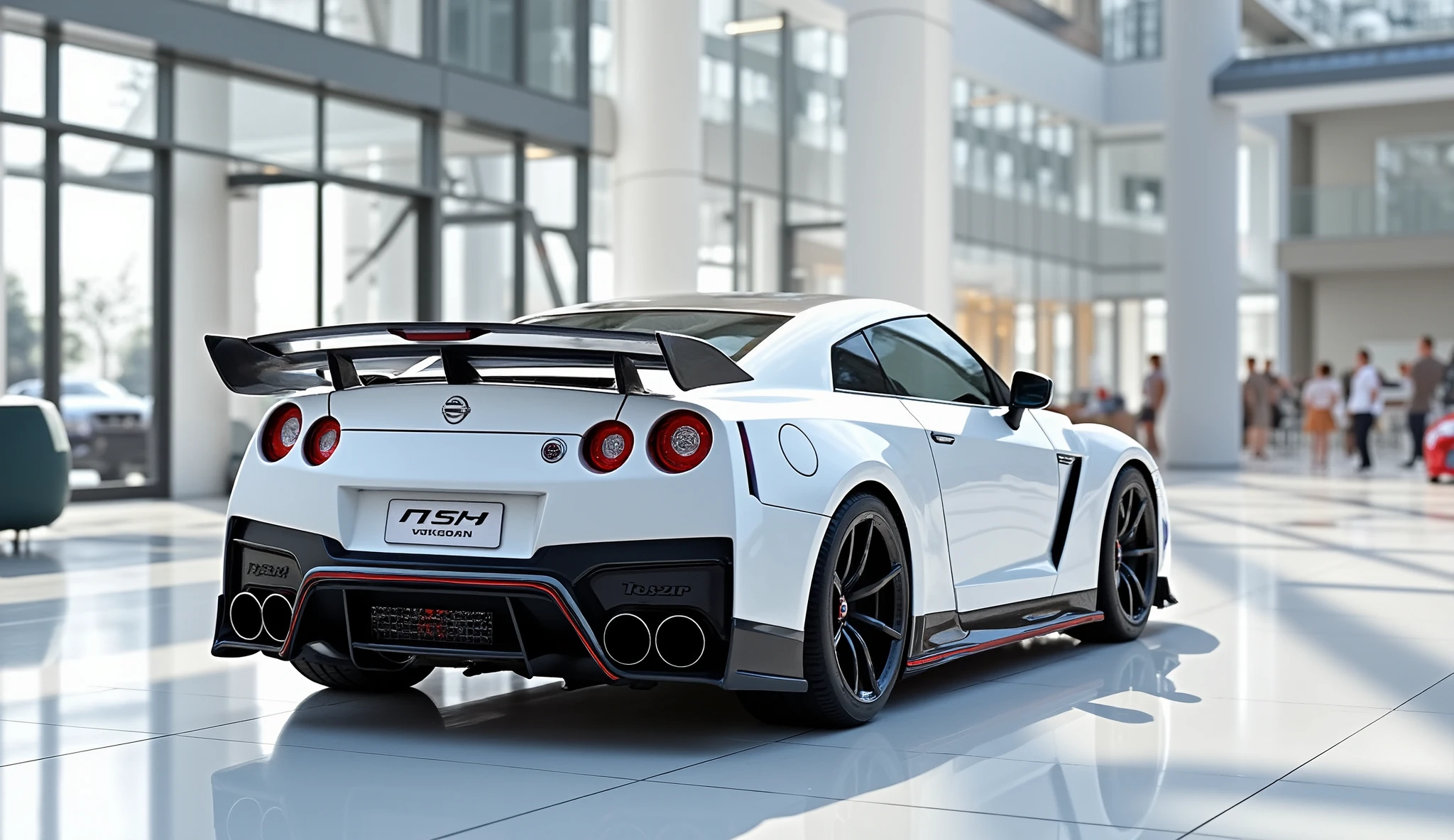 Back side view of painted white with shiny clour 2025 Nissan GT-R sleek in sports Car in large size with "Nissan" logo on its large detailed grille in shiny white clour with angular sporty design captured from close back side view with modified sleek backlights & with a "Nissan" logo and with modified cutting edge tenology with a plate called "Nissan" with in a Luxury bright showroom with white gleamy floor Quality, with two rectumgular exahust" with very low suspension of car that touches showroom surface Super Detailed, and shining of showroom falling on car surface