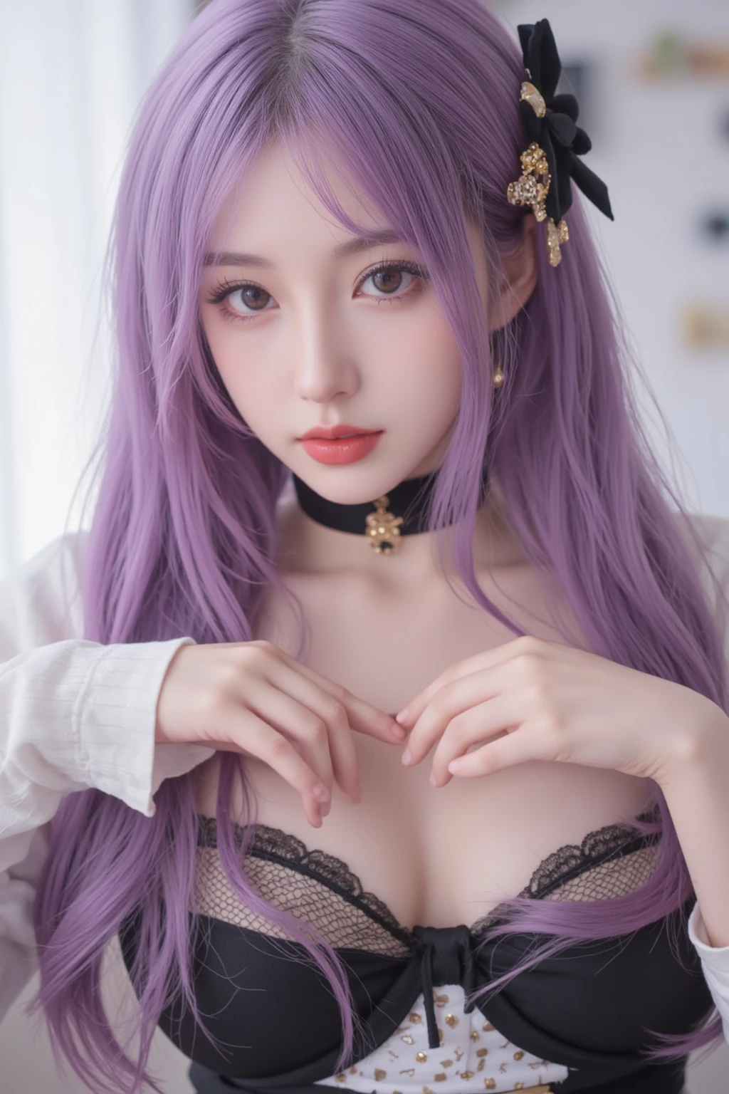 The girl with lilac hair lies seductively on the blue bed, Wear a black lace dress with a floral pattern. Her beautiful eyes and lips are delicate and delicate, Grab your audience's attention. Overall image quality is the highest, The resolution is 16k,With a hint of velvet. The painting was done with ultra-fine technique, Produces clear focus and vivid colors. The lighting is soft, Creates a soft sheen,Enhance the fantastic atmosphere. The composition evokes a sense of elegance and charm, Similar to a decorative swan style headdress,Long legs are carefully depicted