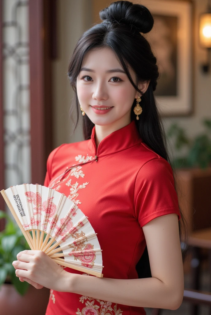 realistic photos of 1 cute Korean star, hair strand,  red eyes, white skin, thin makeup, 32 inch breasts size, wearing Chinese traditional outfit, waving to viewer, at the tea house, close-up portrait, rococo style, UHD