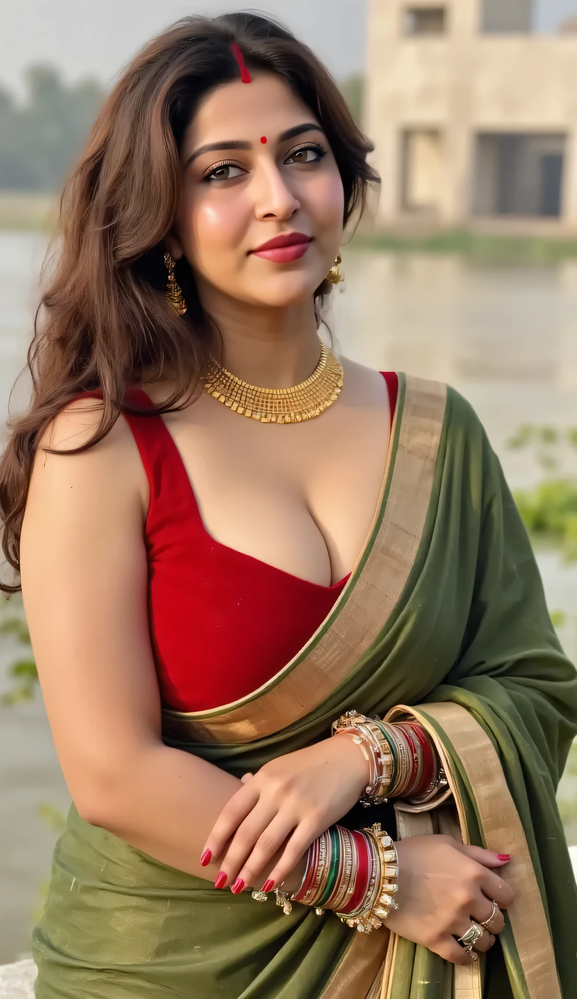 A 25yr old Indian busty pale detailed white skin woman(bimbo body physique), tight sleevless blouse shiny metallic dark green satin saree on a plain metallic gold arm short arm sleeveless blouse upper cleavage,Hands stretched up showing dark hairy armpits,very long hair,large breasts, tight blouse and tight saree,makeup,brown hazel eyes,thin shaped eyebrows and cute long eyelashes, make-up,Large breasts,pink eyeshadow,black smoky mascara,Hyperrealism, bimbo facial features,Accurate, tight blouse, accurate