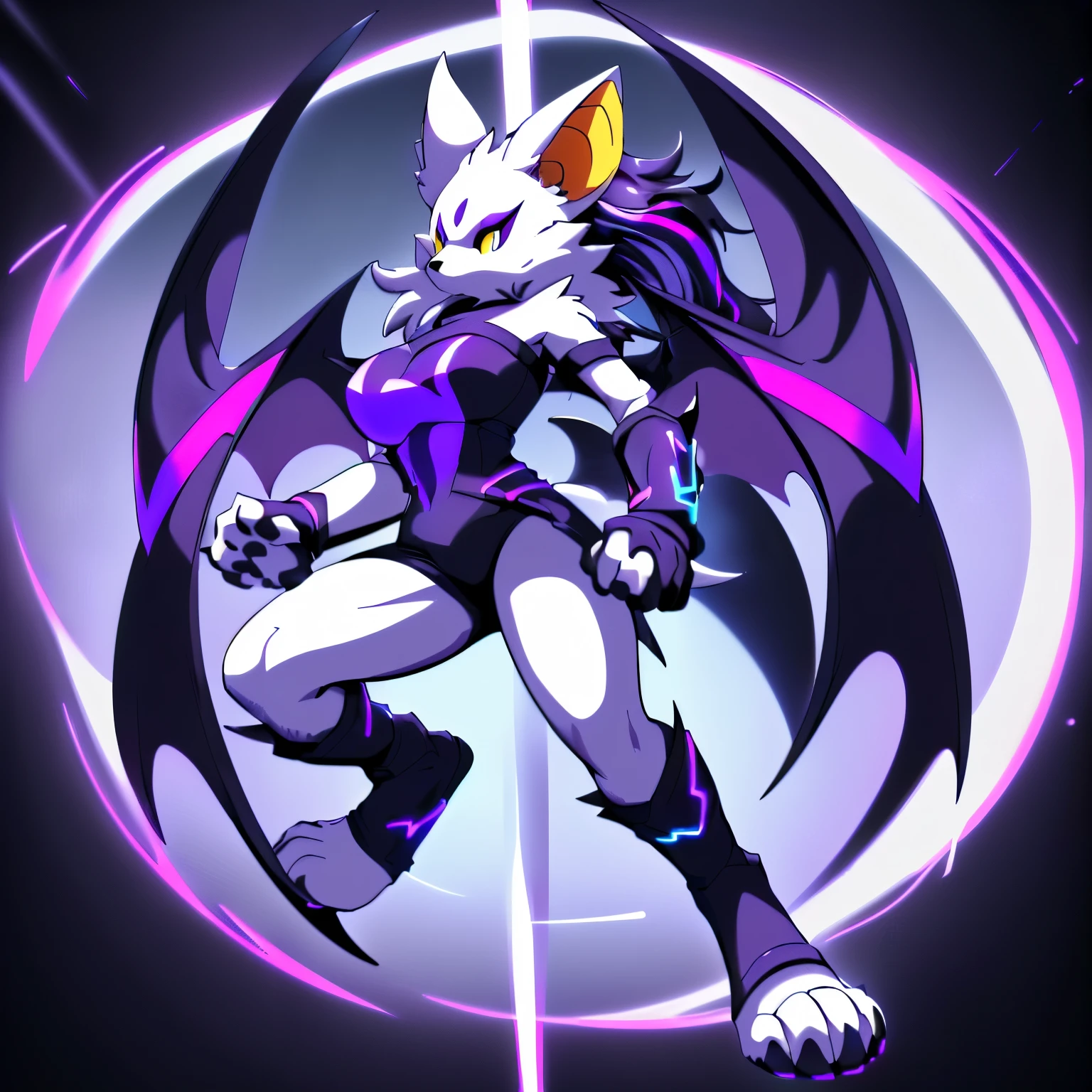 Anime, ((anime style)), ((single person:2)), ((solo drawing:2)), ((solo:2)), ((sfw version:1.5)), ((full body drawing)), ((plush build)), ((wearing a black halter top and knee length black shorts)),  ((Outfit with dark purple neon highlights:1.5)), ((action pose)), ((female Anthro bat)), ((Tall with large round breasts)), ((buxom figure)), ((white fur)), ((white bat ears)), ((white face)), ((neutral expression)), vivid yellow eyes, ((digitigrade legs)), highly detailed anime style, clean lines, white face, short white muzzle, white furry cheeks, white furry muzzle, ((white legs)), ((short claws)), ((adult aged)), ((huge bat wings)), ((black and purple bat wings)), ((single pair of wings)),  ((white paws)), ((hind paws with 4 toes)), ((digitigrade paws))