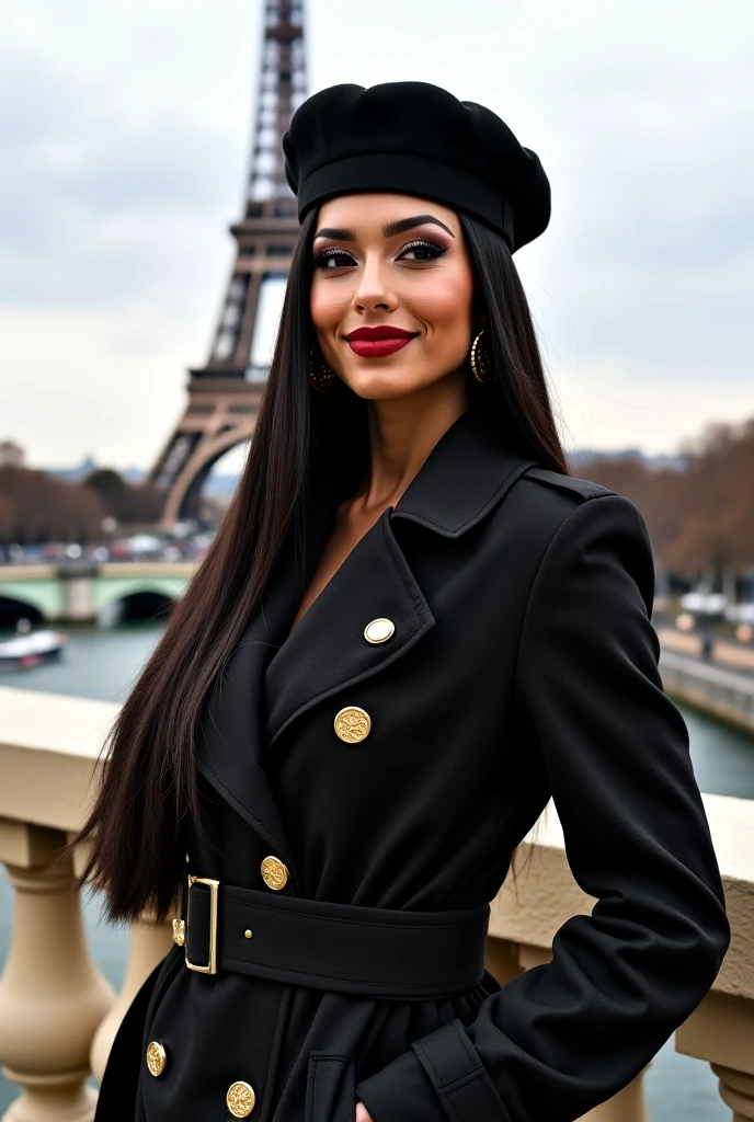 A beautiful woman with loose wavy hair. Detailed face, detailed eyes, detailed body. Paris city background with the Eiffel Tower. She is wearing a chic black dress and a red beret.
