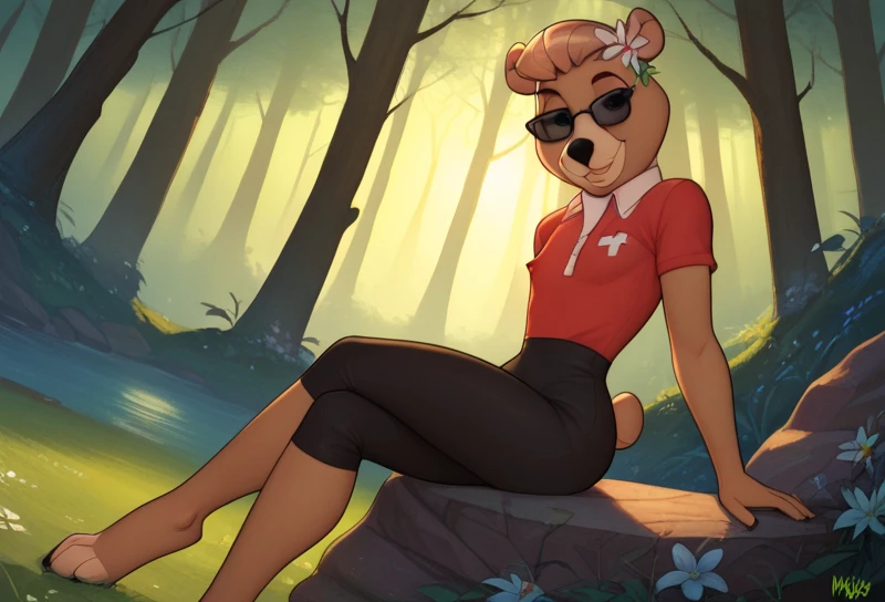 score_7, score_8, score_9, dynamic lighting, detailed background, background is forest), trees, rocks, cave entrance, glowing, close up, cowboy shot, dutch angle, full body shot
BREAK 
Solo, anthro, furry female, female bear, brown fur, (light brown muzzle), black animal nose, black eyes, bear tail, very slender waist, very narrow waist, wide hips, large breasts, teardrop breasts, very perky breasts, big erect nipples, very long torso, very long legs, thick curvy legs, big hips, hourglass figure, bear feet, feet claws, big pouty lips, toned body, fit body, big ass, firm ass 
BREAK 
sitting on rock, looking at viewer, smiling, seductive look, half closed eyes, (blue crop top), (frilly crop top), blue tutu, yellow scarf, flower behind ear, ear flower, hips cocked, flirty,