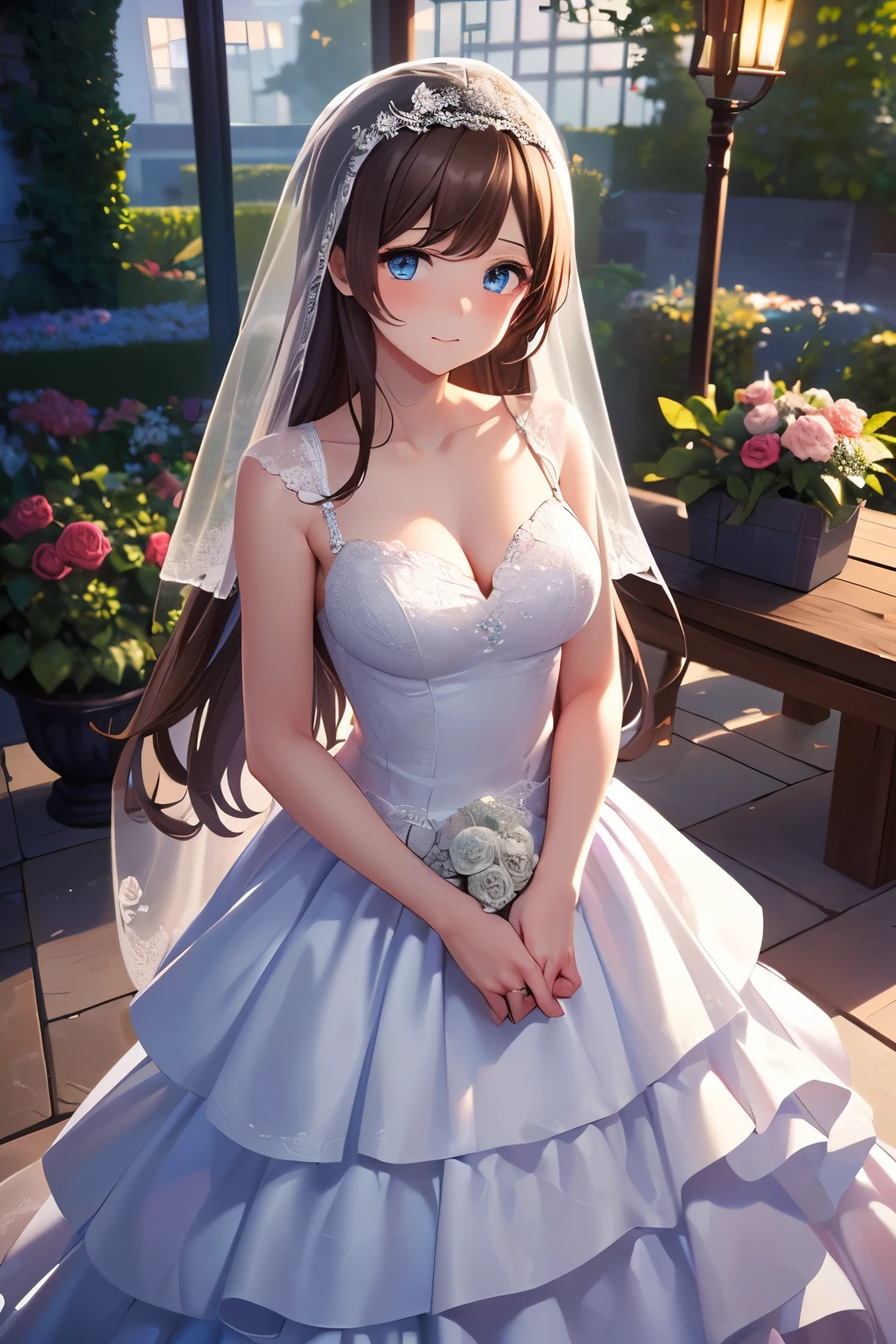 (Masterpiece, best quality , beautiful and aesthetic:1.3), stares at viewers, 1 girl, Alone, A faint smile, (compensate, long hair, light brown hair, blue eyes:1.2), Octane Render , bridal veil, lace trim dress, see-through, Wedding Dress, outdoor , White Rose, garden, , standing, Extremely Detailed,
