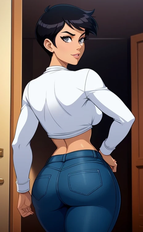 a woman in a orange top and white pants standing in front of a plant, white pants, white and orange, full length view, mid view, from the side, backview, toned derriere, side view, back view also, arched back, sexy look, distant full body view, jeans, 