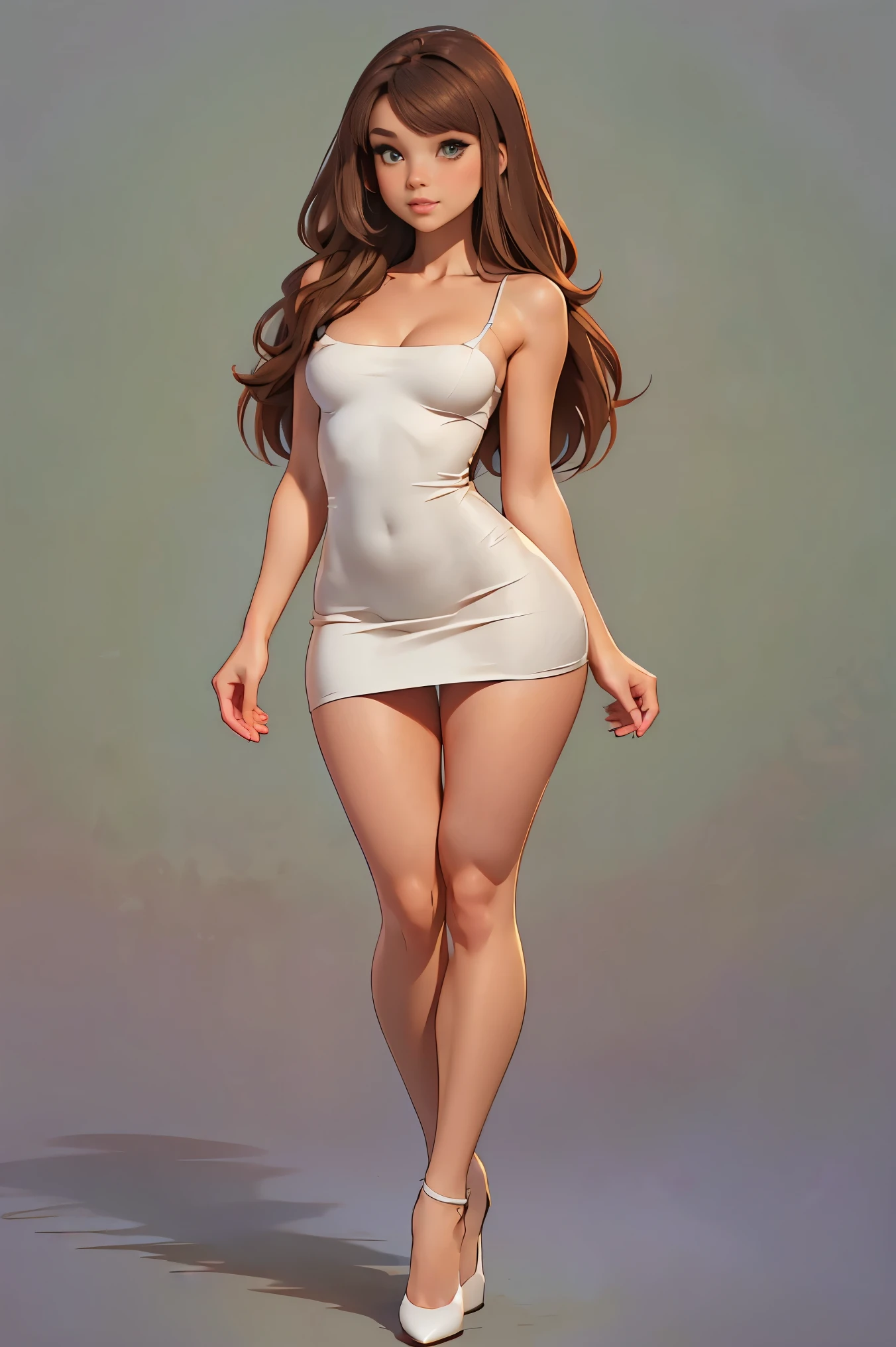 A woman, ((dressed in a sexy white mini micro dress)):1.4, brown long hair, (((Full body drawing))):1.5, curvy, ((long legs)),(((long body))):1.6,((perfekt eyes))):1.5,((softly rounded)):1.6, (small breast):1.9, (((wide hips))):1.7, ((Chubby hips)):1.7, (small waist):1.7,(small torso):1.8, (((rounded legs))):1.7