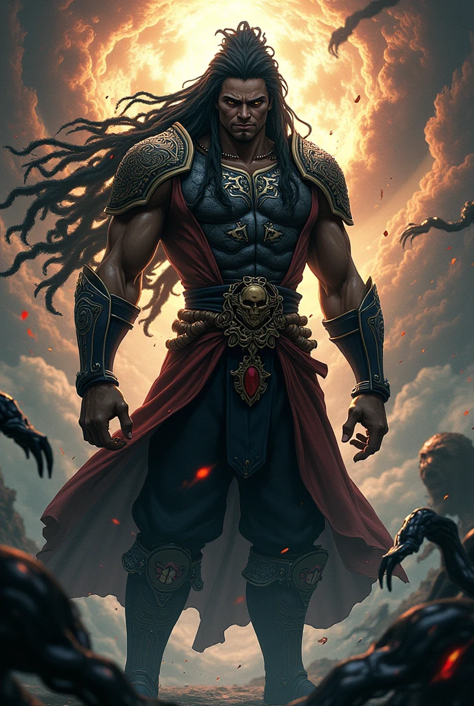 black guy with dreads holding a sword with dragons in the background