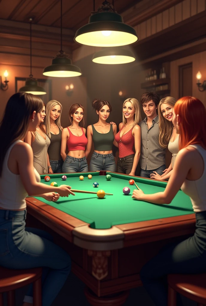 score_9, score_8, score_7_up, A sexy female cyborg playing billiards, bending over seductively to sink the ball, as horny butches watch hungrily, dimly lit by diffused cigar smoke, the air thick with alcohol and masculinity, the men undressing her with their eyes, desperately wanting to take her right there on this big billiard table. in a perverse way